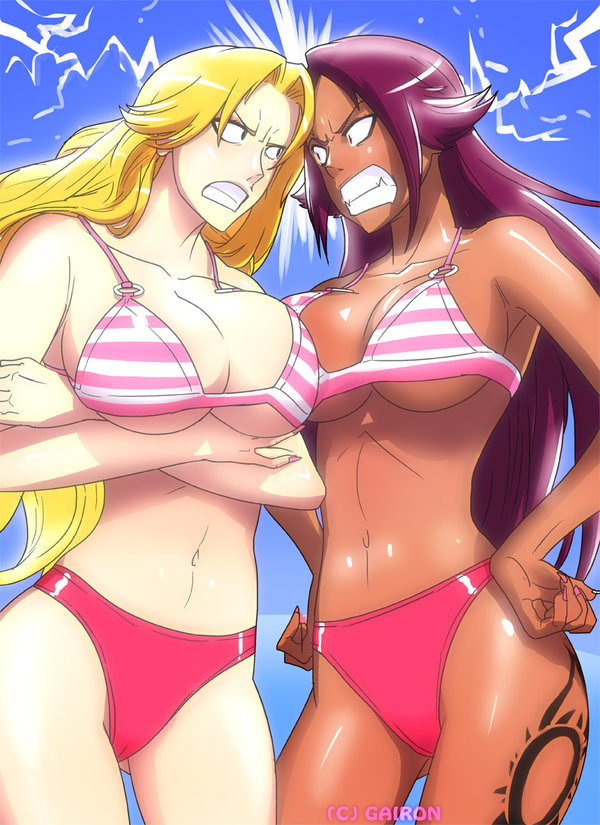 2girls angry bikini bleach blonde_hair breasts chocolate_and_vanilla dark-skinned_female dark_skin female gairon large_breasts matsumoto_rangiku purple_hair shihouin_yoruichi tattoo