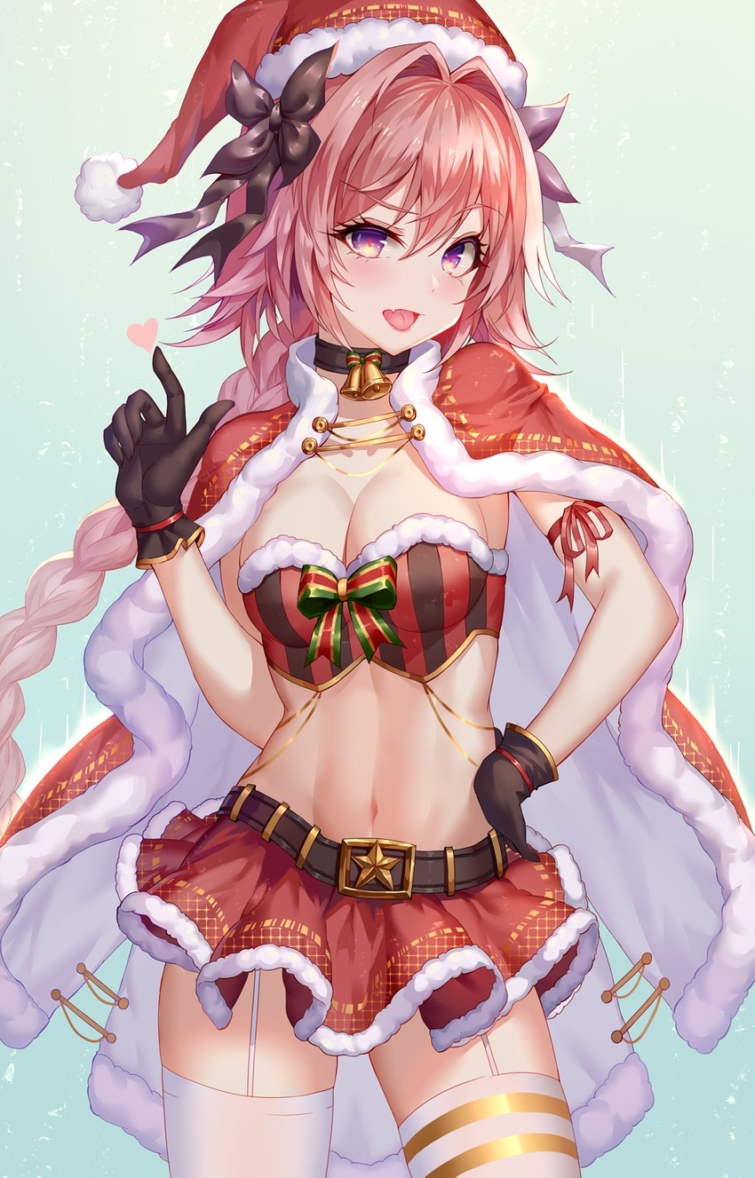 1girls, 2d, aaeru, alternate costume, astolfo (fate), bell collar, breasts, christmas, christmas hat, christmas outfit, cute, fate (series), fate/apocrypha, fate/grand order, female, gloves, hair ornament, medium breasts, open mouth, pink eyes, pink hair, pose, rule 63, skirt, smile, thighhighs