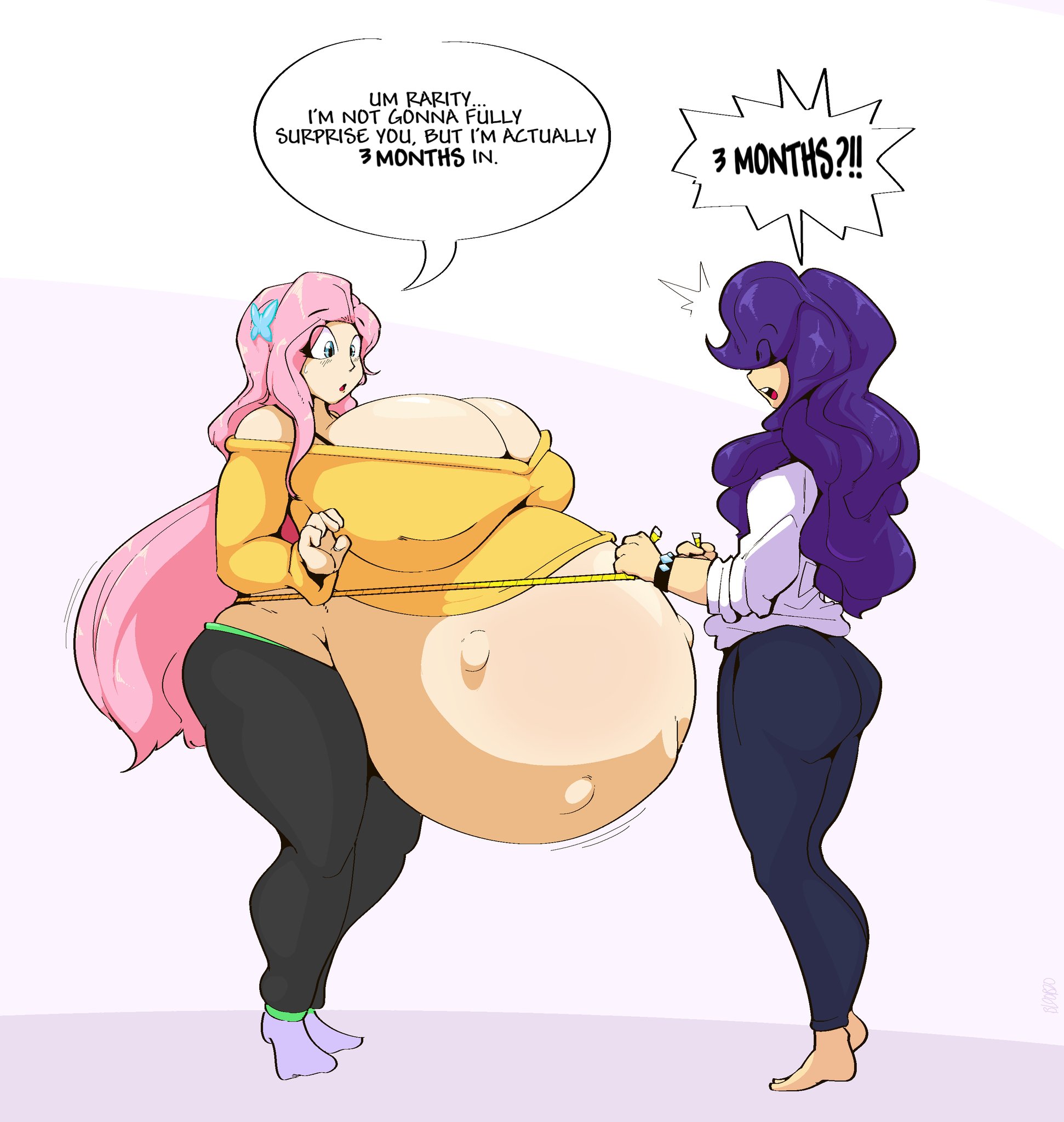 2girls, bloobiesus, breasts, cleavage, female, female only, fluttershy (eg), fluttershy (mlp), friendship is magic, huge belly, huge breasts, human, humanized, hyper belly, hyper pregnancy, my little pony, pregnant, rarity (eg), rarity (mlp), ready to pop, speech bubble, text