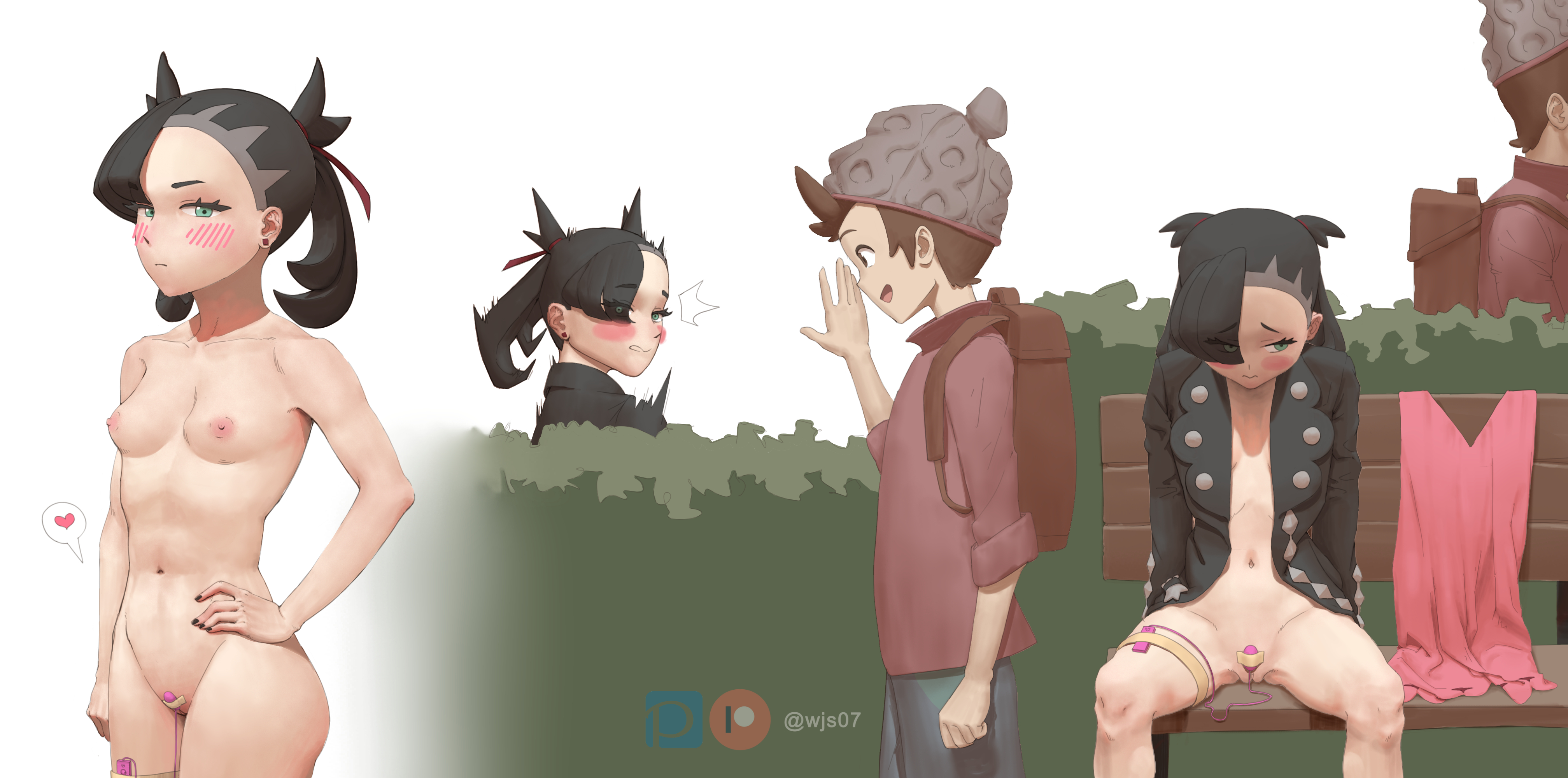 1boy, 1girls, backpack, bag, bench, black fingernails, blush, bottomless, breasts, clothing, discreet vibrator, egg vibrator, embarrassed, exhibitionism, female, hidden, human, jacket, light skin, light-skinned male, male, marnie (pokemon), masturbation, naked jacket, outerwear, pokemon, pokemon ss, public, public nudity, pussy, remote control vibrator, sex toy, twintails, unknowing bystander, vagina, vibrator, vibrator on thigh, victor (pokemon), wjs07