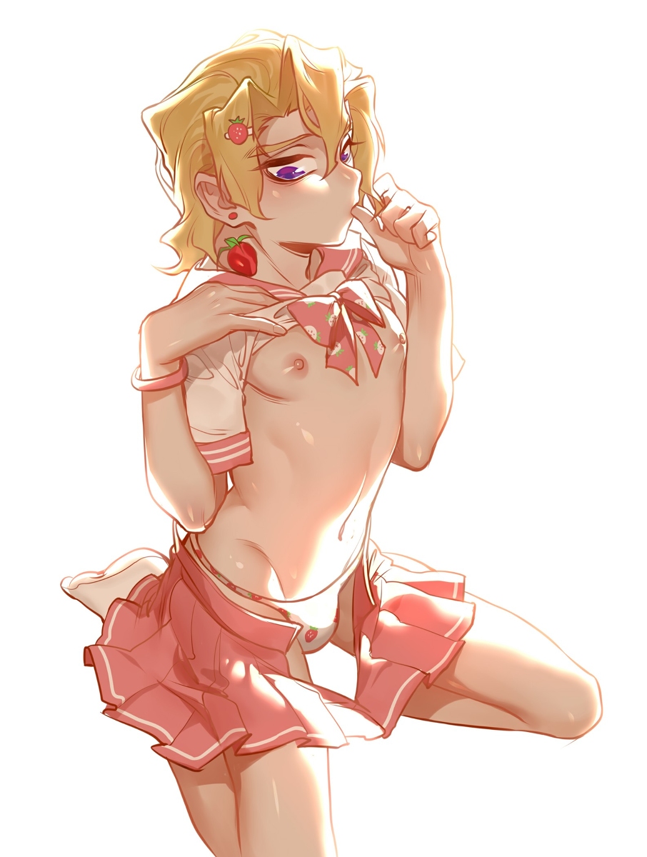 1boy barrette crossdressing earrings femboy jojo's_bizarre_adventure male_only nipples pannacotta_fugo panties pleated_skirt school_uniform shirt_lift skirt skirt_removed solo_male sucking_thumb trap vento_aureo