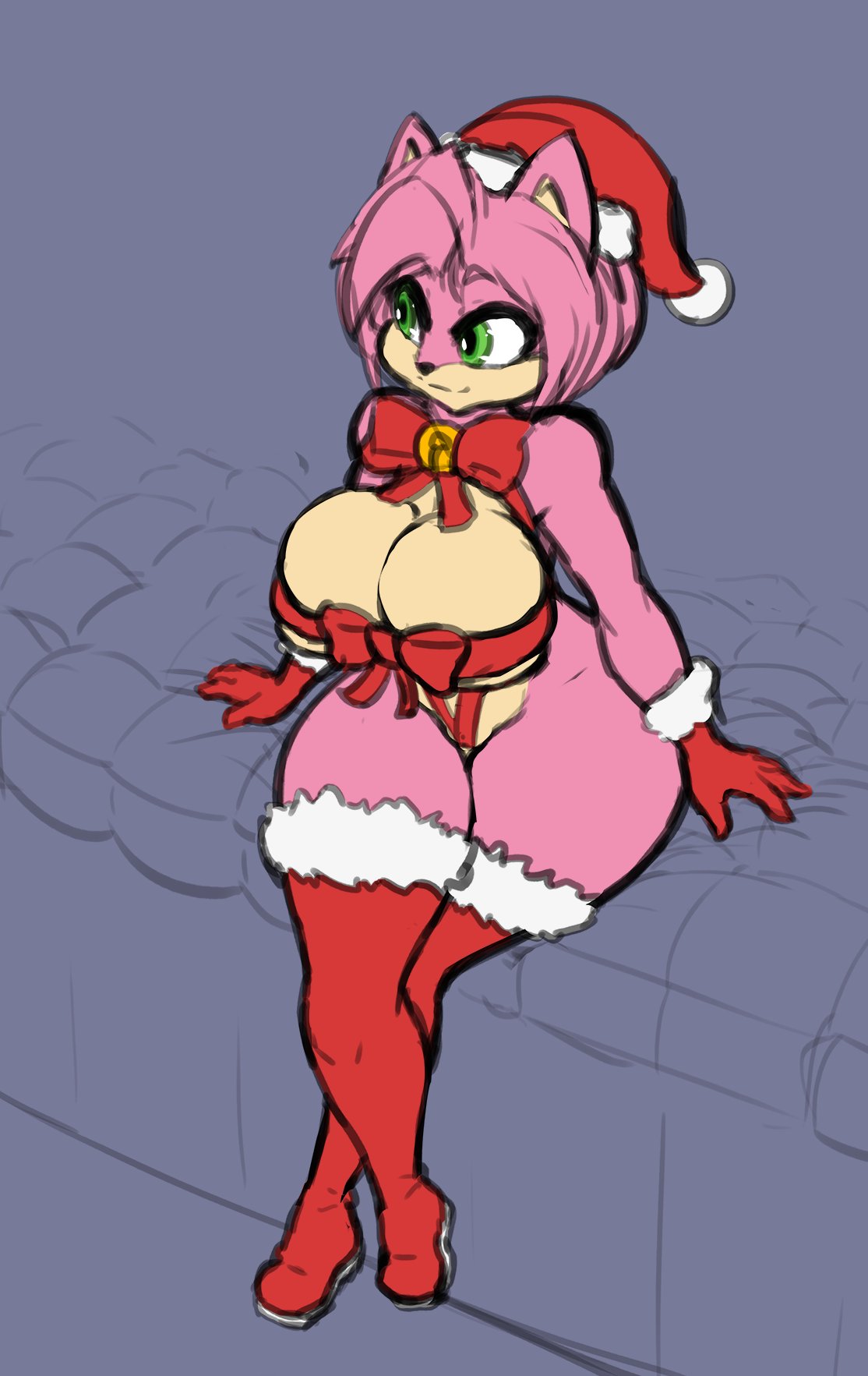 1girls, amy rose, anthro, bell, big breasts, breasts, cameltoe, christmas, christmas outfit, cleavage, clothed, clothing, crossed legs, curvaceous, curvy, curvy body, curvy female, curvy figure, eyelashes, female, female focus, female only, furry, gloves, green eyes, legs, legwear, looking to the side, pink fur, pink hair, pink skin, pussy, ribbon, ribbon choker, ribboned body, sega, short hair, shortstack, sitting, smile, smiling, solo, solo female, solo focus, sonic (series), thick thighs, thigh highs, thighhighs, thighs, video games, wide hips, wrapped, wrappings, xelsword
