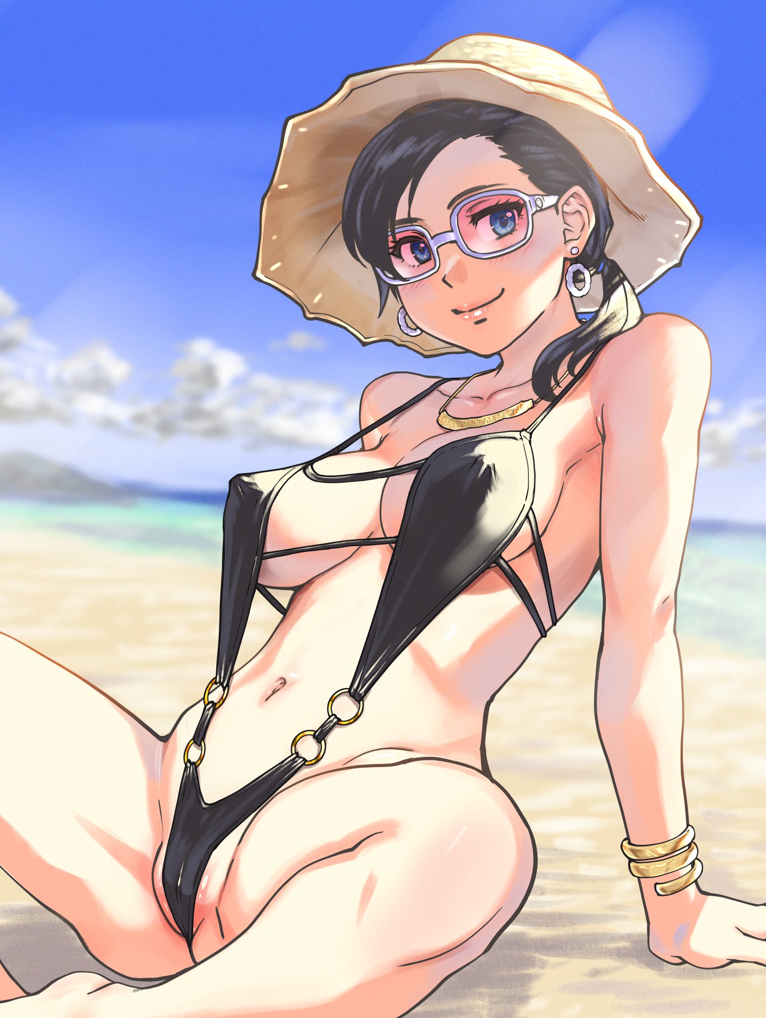 beach, black hair, blue eyes, blurry, blurry background, bracelet, breasts, cleavage, colorized, earrings, female, gold bracelet, gold necklace, hat, highres, jewelry, large breasts, looking at viewer, necklace, original, ponytail, shiwasu no okina, smile, solo, spread legs, straw hat, sunglasses, swimsuit, tagme, tinted eyewear