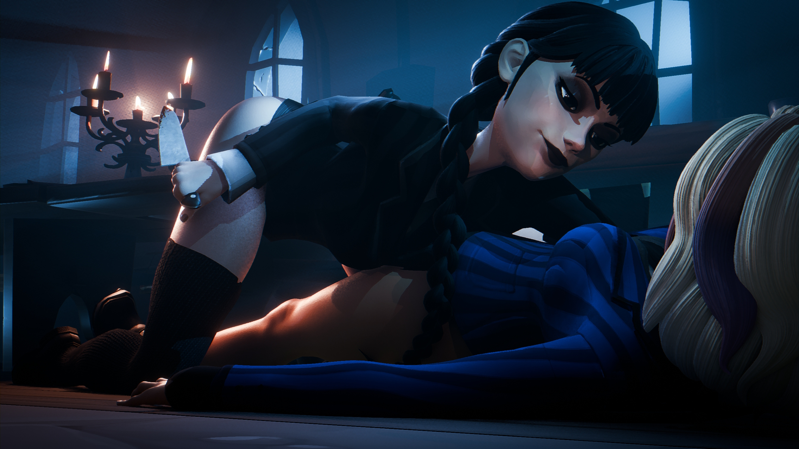 2girls, 3d, crisisbeat, enid sinclair, female, goth girl, knife, multicolored hair, multiple females, multiple girls, no panties, no pants, school, tagme, the addams family, wednesday (netflix), wednesday addams, yuri