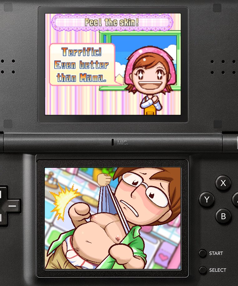 1boy, assisted exposure, black eyes, blush, brown hair, bulge, chubby, cooking mama, dadbod, frown, gameplay mechanics, glasses, male, male pubic hair, mama (cooking mama), mawile123, nintendo ds, nipples, papa (cooking mama), pixel art, sketch, underwear, undressing