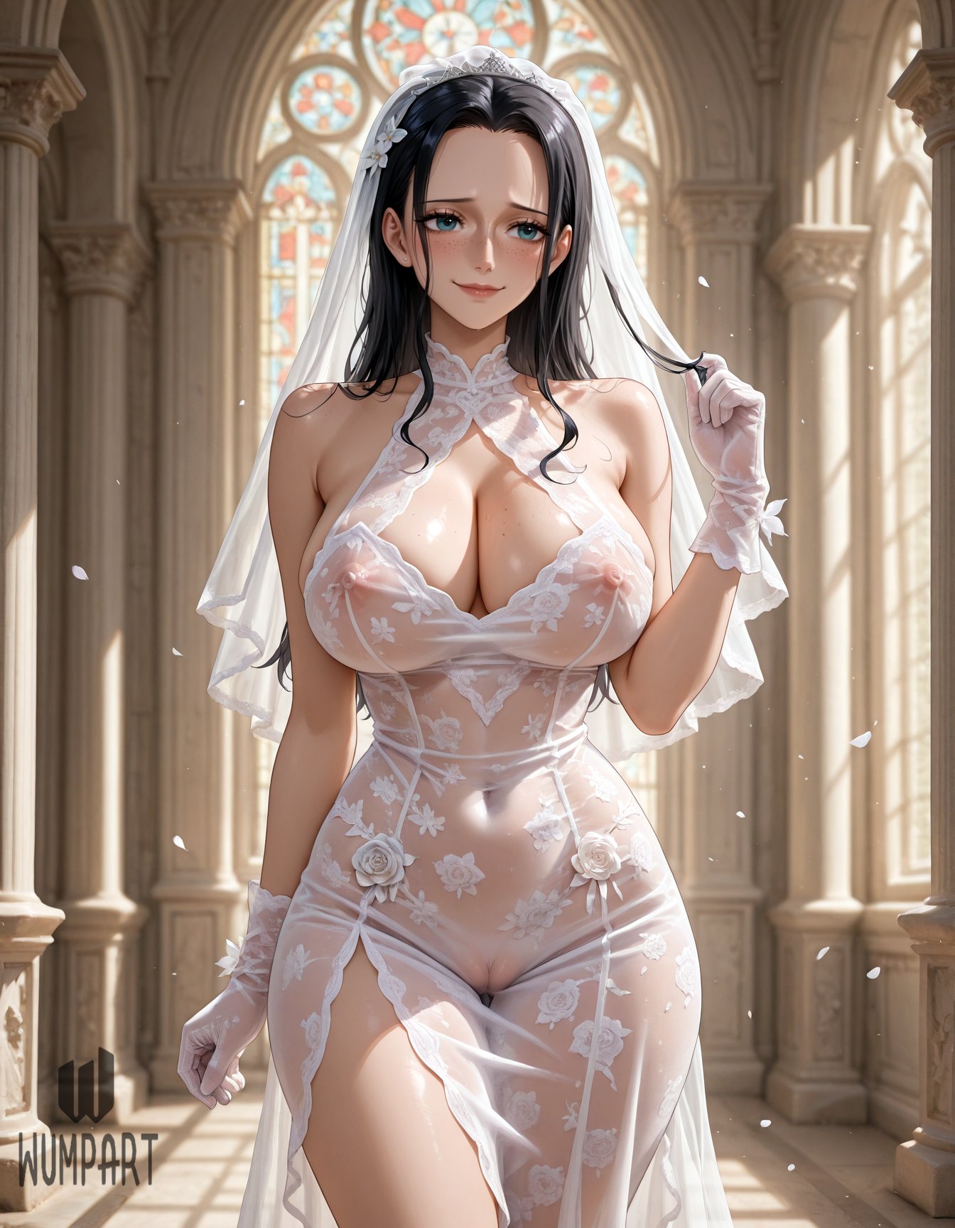 ai generated, artist name, bare shoulders, black hair, blue eyes, blush, breasts, bridal veil, bride, church, cleavage, cleft of venus, closed mouth, covered navel, covered nipples, dress, female, female only, flower, forehead, gloves, hair twirling, hand up, indoors, large breasts, long hair, looking at viewer, nico robin, nipples, no panties, one piece, petals, pussy, see-through, see-through dress, smile, solo, standing, thighs, uncensored, veil, wedding dress, white dress, white gloves, wumpart