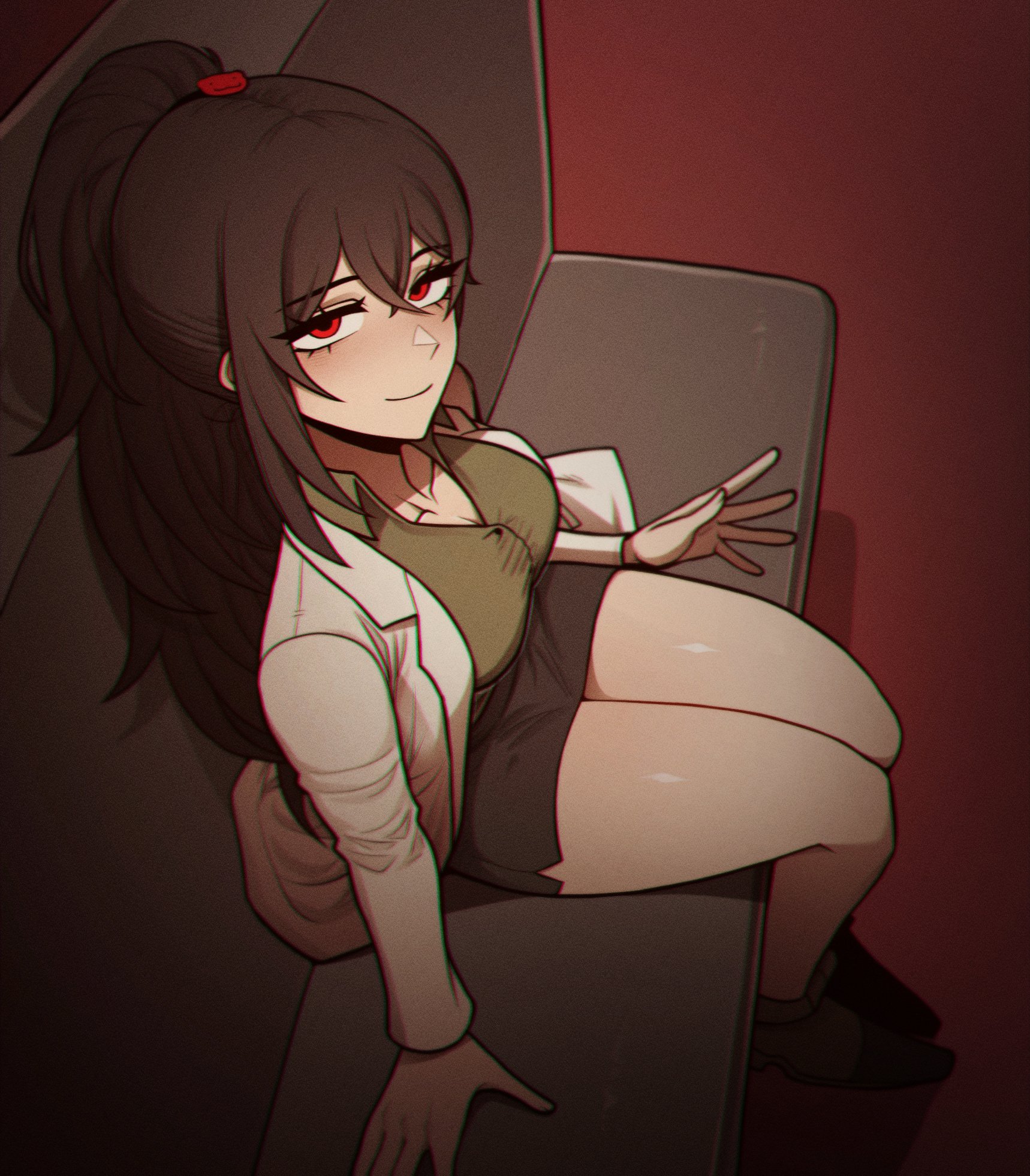 2025, 2d, 2d (artwork), black skirt, carmen (lobotomy corporation), female, female only, green shirt, hair ornament, labcoat, legs together, library of ruina, limbus company, lobotomy corporation, miniskirt, misg1111, ponytail, project moon, questionable, red eyes, sfw, sitting, smile, smiling at viewer, staring at viewer, thick thighs