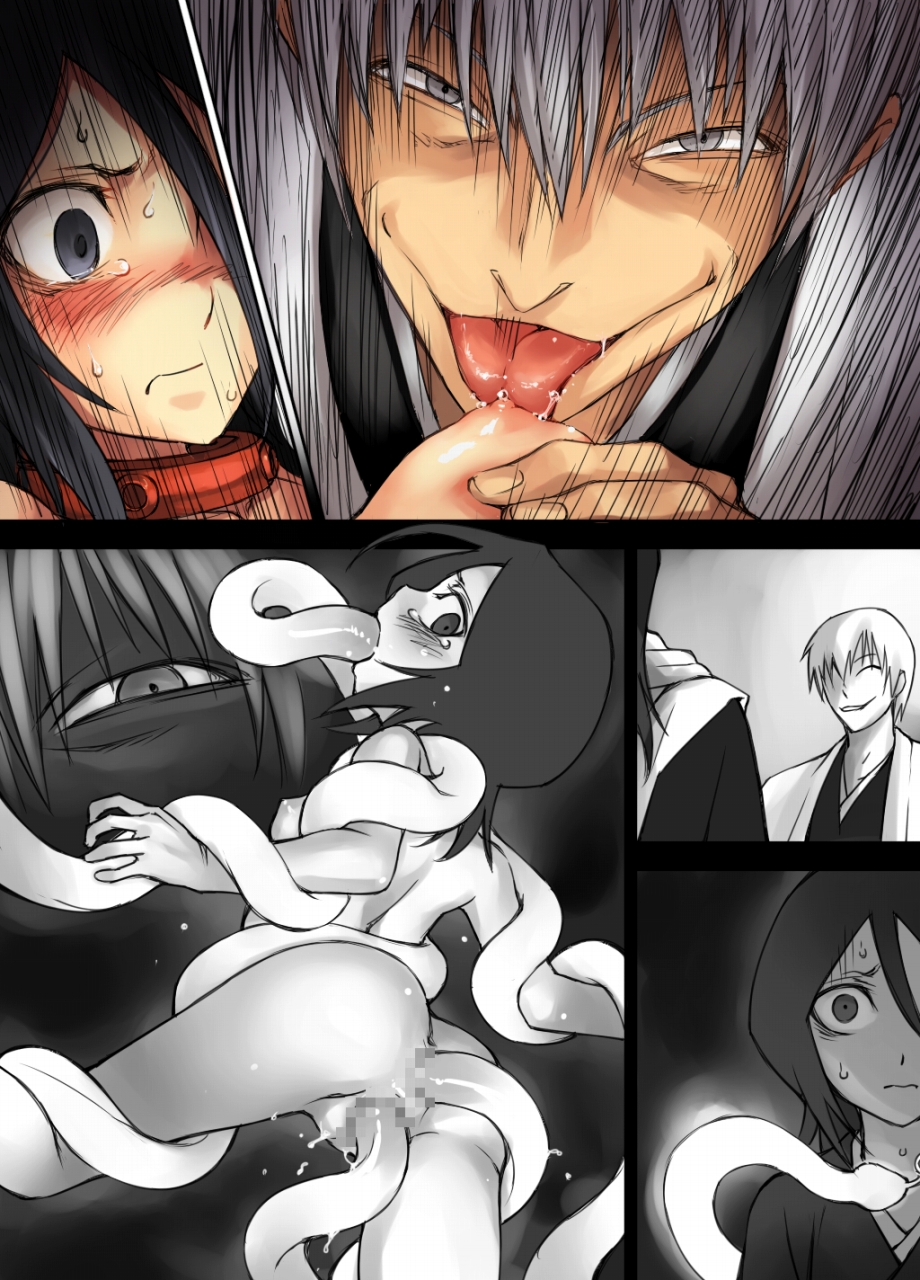 1boy 1girls ass black_hair bleach blush breast_lick breast_licking censored clothing collar creepy cum cum_inside doujin doujinshi female female_focus highres ichimaru_gin kuchiki_rukia licking male monochrome mosha nude oral pussy rape scared tears tentacle tentacle_on_female tentacle_rape tongue triple_penetration vaginal_penetration