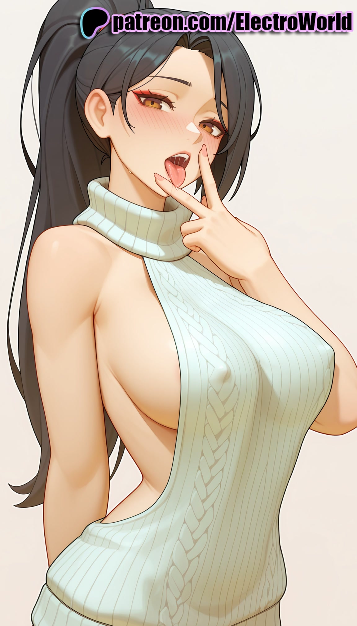 1girls, 2025, ai generated, artist name, backless outfit, bare back, bare shoulders, big breasts, big chest, black hair, blush, breasts, bust, busty, chest, dead or alive, dress, electroworld, female, hi res, high quality, high resolution, highres, large breasts, meme attire, mole, momiji (ninja gaiden), ninja gaiden, patreon, patreon username, ponytail, ribbed sweater, sideboob, solo, stable diffusion, sweater, tongue, tongue out, virgin killer sweater, watermark