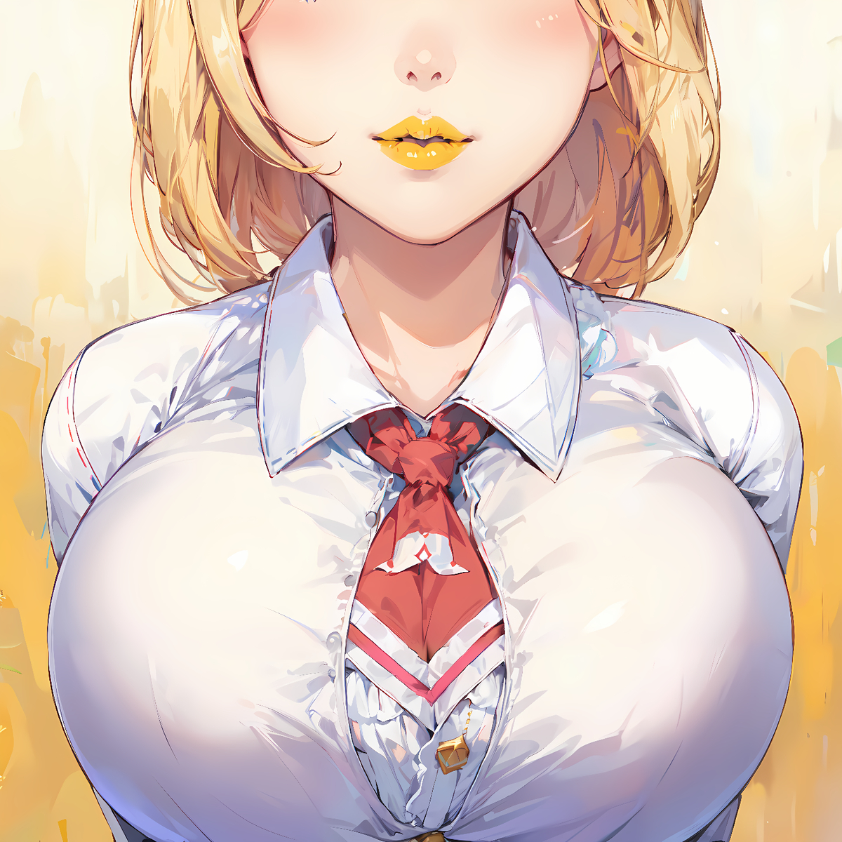 ai generated, alternate breast size, big breasts, blonde female, blonde hair, breasts, female, gifted11, hololive, hololive english, hololive myth, huge breasts, red ribbon, ribbon, short hair, virtual youtuber, watson amelia, yellow lipstick
