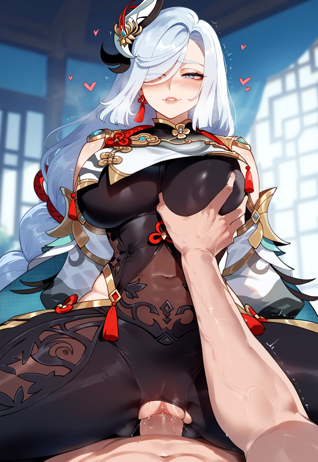 1boy, 1girls, ai generated, bangs, bare shoulders, black bodysuit, blue eyes, blush, bodystocking, bodysuit, braid, braided ponytail, breast curtain, breast grab, breasts, clitoris, clothed female nude male, clothed sex, clothing, clothing cutout, covered navel, cowgirl position, curvaceous, curvaceous female, curvaceous figure, curvy, curvy figure, earrings, female, female focus, genshin impact, gloves, gold trim, grabbing, grabbing another's breast, grey eyes, groping, guiding hand, hair ornament, hair over one eye, hip vent, hoyoverse, indoors, jewelry, large breasts, long hair, long sleeves, looking at viewer, male, miyuai, navel, nipples, nude, on top, one eye covered, parted lips, penis, puffy long sleeves, puffy sleeves, pussy, sex, shenhe (genshin impact), shoulder cutout, side cutout, smile, solo focus, spread legs, straddling, straight, tabard, tassel, tassel earrings, thigh cutout, thighs, torn bodysuit, torn clothes, vagina, vaginal penetration, very long hair, voluptuous, voluptuous female, white hair