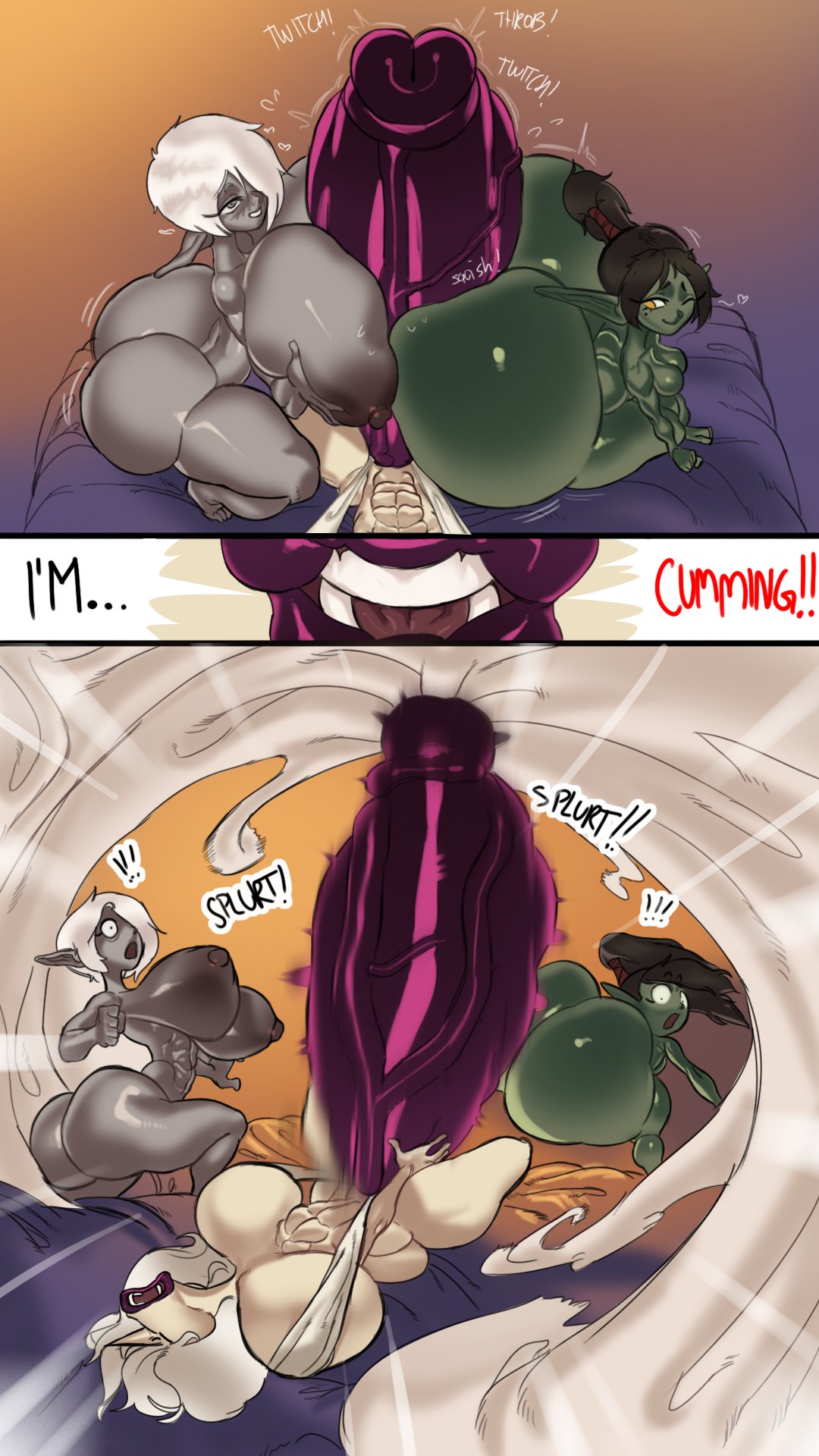 !!!, 1futa, 2girls, above view, abs, animal genitalia, animal penis, anthro, ass, ass bigger than head, ass bigger than torso, assjob, bed, big ass, big breasts, big butt, black hair, boobjob, breasts, breasts bigger than head, buttjob, buttjob/paizuri, cleavage, cum, edda (undergroundj), elysabith (elysabith maxima), english text, excessive cum, female, futa on female, futanari, goblin, goblin female, grabbing own penis, green skin, grey eyes, grey skin, hair over one eye, heart, horn, horse, horse penis, horsecock, horsecock futa, huge cock, intersex, laying down, laying on back, laying on bed, meg (undergroundj), mole under eye, muscular, muscular futa, nipples, one eye closed, open mouth, paizuri, penis, penis bigger than body, penis bigger than head, penis bigger than torso, pointy ears, ponytail, remake, shoulder length hair, smile, squatting, standing, text, thick thighs, undergroundj, unicorn, unicorn horn, viewed from above, white hair, white skin, yellow eyes