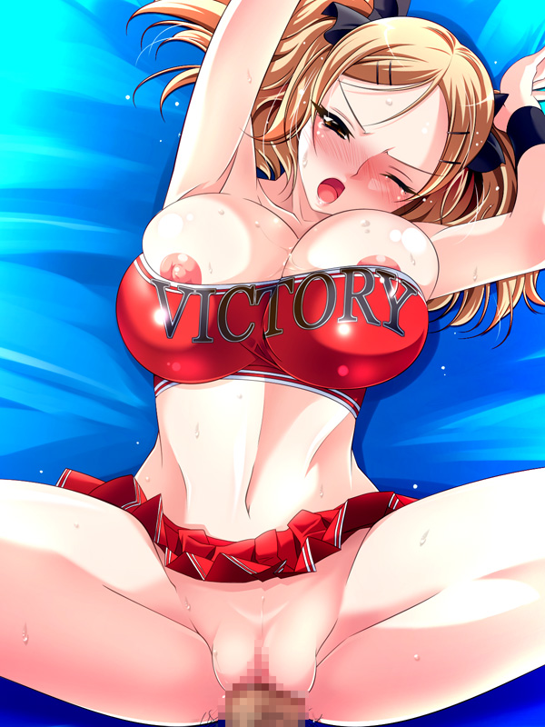 aoi_nagisa_(artist) blonde_hair blush breasts censored cheerism cheerleader clothes_writing clothing_writing fat_mons hair_ornament hairclip huge_breasts huge_pussy midriff nipple_slip nipples no_panties original pom_poms pov pussy sex skindentation skirt spread_legs sweat tsundere vaginal_penetration vaginal_penetration wristband