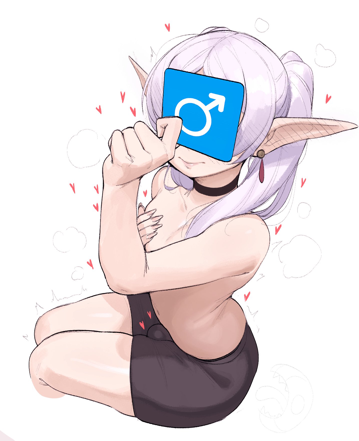 1boy, 2025, 2d, 2d (artwork), 2d artwork, bangs, bare shoulders, belly, belly button, blush, blush lines, blushing, bulge, bulge through clothing, choker, cock, collarbone, covered nipples, covering, dick, ear piercing, earrings, elf, elf ears, elf male, eyes covered, eyes obscured, face covered, femboy, femboy only, feminine male, fingernails, frieren, genderswap (ftm), genitals, heart, heart symbol, hi res, highres, humanoid, krekk0v, light skin, light-skinned male, long fingernails, long hair, male, male frieren, male only, male symbol, midriff, motion lines, navel, nipples, obscured eyes, obscured face, parted bangs, penis, penis bulge, pointy ears, rule 63, slim, solo, solo male, sousou no frieren, steam, steaming body, stomach, straight hair, thick thighs, thighs, tied hair, topless, trap, twintails, white hair