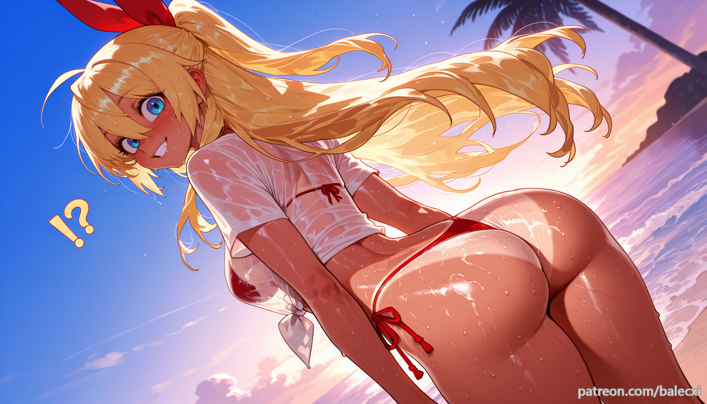 !?, ai generated, ass, balecxi, beach, blonde hair, blue eyes, breasts, dutch angle, female, from behind, grin, kirisaki chitoge, long hair, looking at viewer, looking back, nisekoi, outdoors, ponytail, red bikini, side-tie bikini bottom, smile, solo, string bikini, swimsuit, tan, tanlines, wet, wet clothes, wet shirt