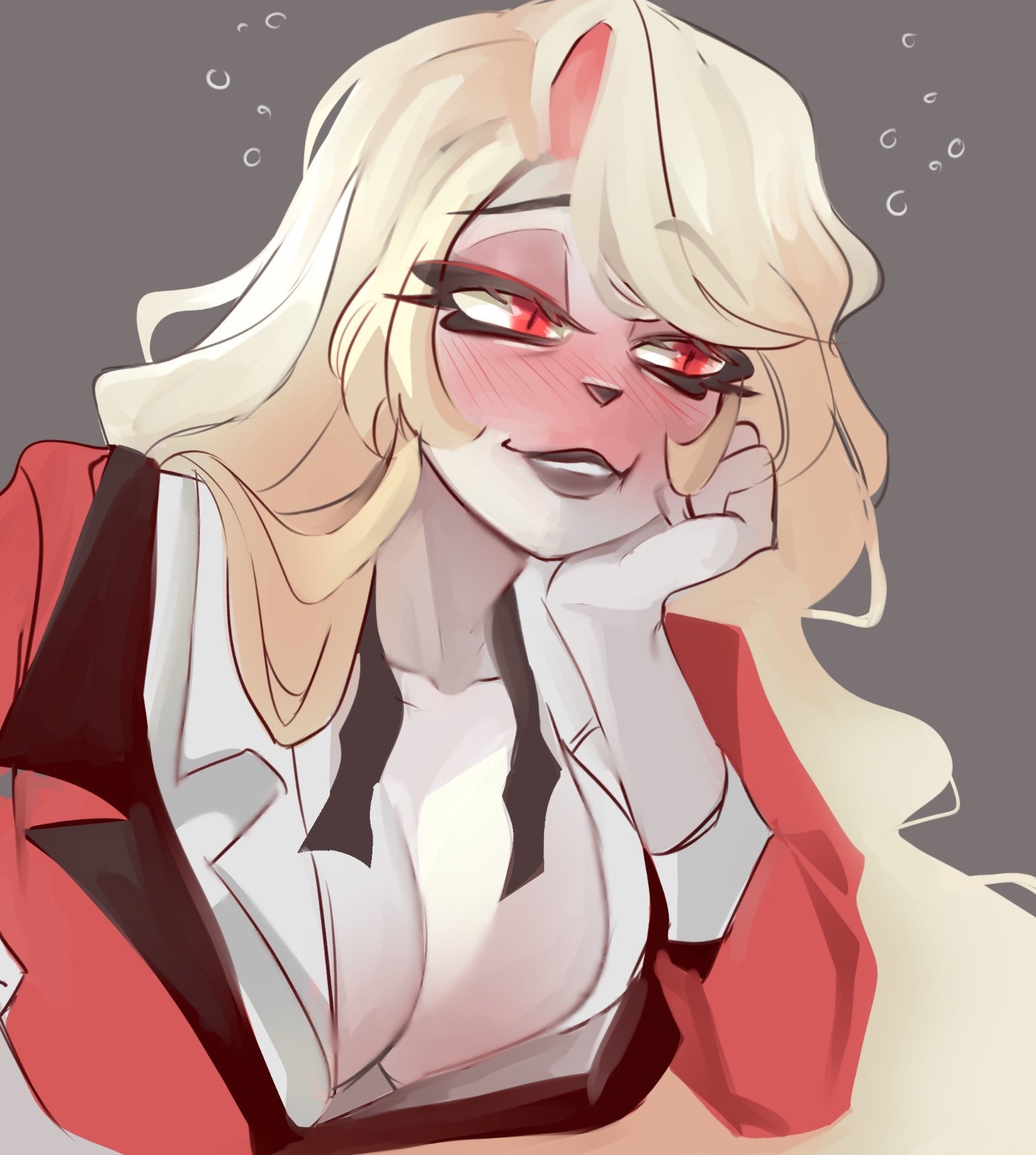 1girls, blonde hair, blush, breasts, charlie morningstar (hazbin hotel), cleavage, clothed, deerlydepart, drunk, female, female only, hazbin hotel, red eyes, suit