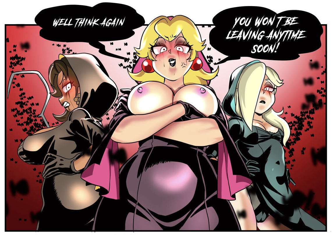 3girls, absurd res, aqua eyes, areolae, bela (resident evil), black lipstick, blonde hair, blue eyes, breasts, breasts out, brown hair, cassandra (resident evil), cleavage, clothed, clothing, crossover, daniela (resident evil), female, female only, gloves, green eyes, looking at viewer, mario (series), multiple females, multiple girls, nintendo, nipples, open topwear, princess daisy, princess peach, princess rosalina, red background, resident evil, resident evil 8: village, ruined makeup, sasatseng, simple background, smile, standing