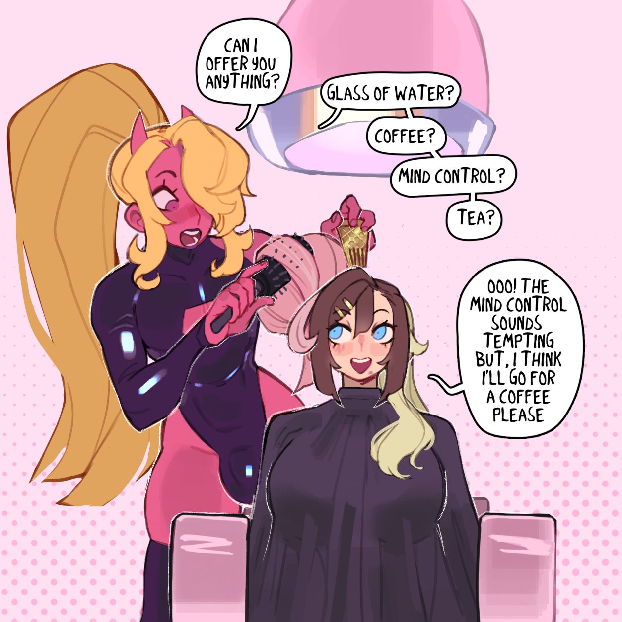 1boy, 1girls, big breasts, blonde hair, blue eyes, breasts, brown hair, brushing hair, bulge, club spiral, dialogue, english text, female, femboy, gattles, giri (zephyrgales), girly, hair over one eye, horns, leotard, light skin, light-skinned female, long hair, long ponytail, male, pink eyes, pink hair, pink skin, ponytail, speech bubble, sundae (gattles), three-tone hair