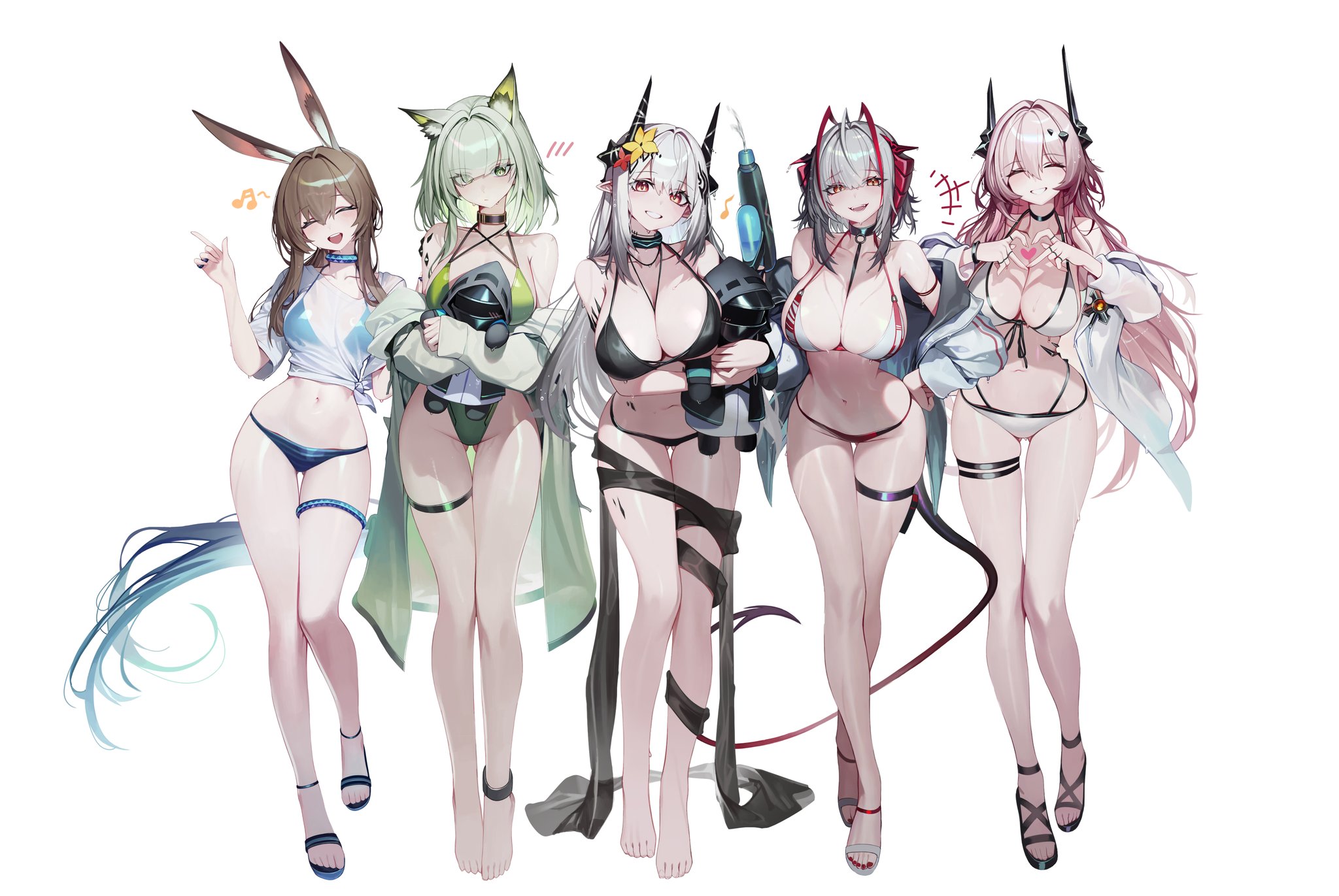5girls, ahoge, alternate costume, amiya (arknights), animal ears, antennae, arknights, arm strap, asymmetrical horns, bare shoulders, big breasts, bikini, bikini top under shirt, bikini under clothes, black bikini, black choker, black horns, blue bikini, blush, breasts, character doll, choker, cleavage, closed eyes, collarbone, criss-cross halter, demon girl, demon horns, demon tail, doctor (arknights), doll, fangs, female, flower, four-finger heart hands, gluteal fold, green hair, green one-piece swimsuit, grey hair, hair between eyes, hair flower, hair intakes, hair ornament, halterneck, hand on own hip, hands up, head tilt, heart, heart hands, highleg, highleg one-piece swimsuit, highres, holding, holding doll, holding toy gun, holding water gun, horn, horned female, horned humanoid, horns, hugging doll, hugging object, infection monitor (arknights), jacket, jewelry, kal'tsit (arknights), large breasts, leaning forward, long hair, long sleeves, looking at viewer, low ponytail, medium breasts, mudrock (arknights), mudrock (silent night) (arknights), multi-strapped bikini bottom, multiple females, multiple girls, multiple rings, musical note, navel, ness (pjw0168), o-ring, o-ring top, off shoulder, official alternate costume, one-piece swimsuit, open clothes, open jacket, open mouth, orange eyes, oripathy lesion (arknights), pink hair, pointy ears, ponytail, puffy long sleeves, puffy sleeves, rabbit ears, rabbit girl, red bikini, red eyes, red horns, ring, shirt, short hair, side-tie bikini bottom, sidelocks, simple background, skindentation, sleeves past wrists, smile, stomach, swimsuit, tail, teeth, theresa (arknights), thigh strap, thighs, tied shirt, upper teeth only, very long hair, w (arknights), water gun, wet, wet clothes, wet face, wet hair, wet shirt, white background, white bikini, white jacket, white shirt, yellow flower