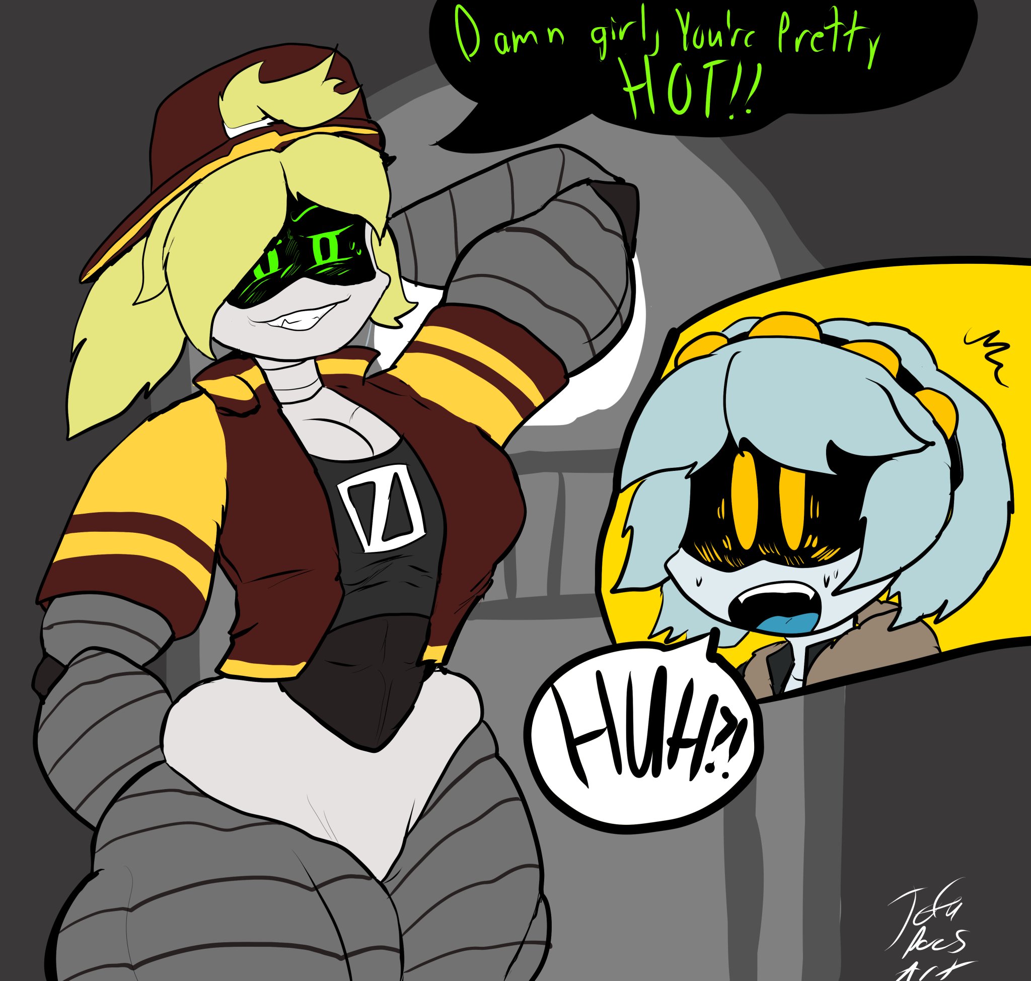 2025, blonde female, blonde hair, blonde-haired female, blue tongue, blush, blush lines, blushed face, blushing at another, blushing female, blushing profusely, breasts, commission, door, doorway, fangs, female, female only, flirtatious, flirting, flirting look, flirty, glitch productions, gray background, gray hair, green eyes, green text, grey skin, imminent sex, jacket, jock, lesbian conversion, lesbian couple, lesbian seduction, long blonde hair, long hair, metal, metal skin, metallic body, murder drones, muscles, muscular, muscular arms, muscular female, muscular legs, muscular robot, muscular thighs, nice tits, no humans, no panties, no pants, no underwear, open clothes, open shirt, ponytail, robot, robot anthro, robot girl, robot humanoid, robot joints, robotic, robotic arm, robotic arms, robotic hand, robotic limb, rule 63, screen face, sharp canines, sharp teeth, shipping, smile, smiling, smiling at another, smirk, stretch marks, student, students, thad (murder drones), tofudoesart, twitter link, twitter username, v (murder drones), vhad, yellow eyes, yuri