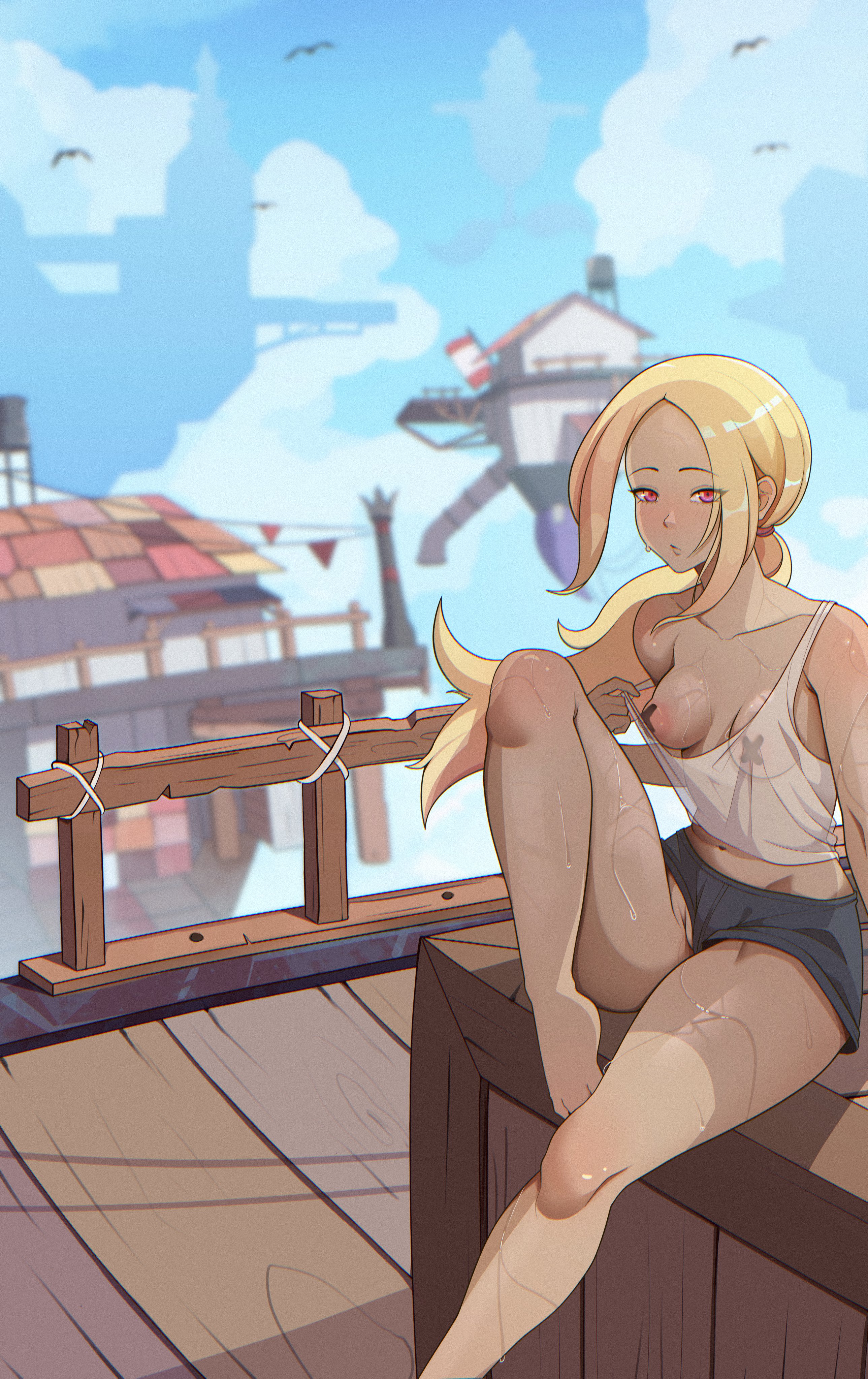 1girls, areolae, blonde hair, blush, breasts, dark-skinned female, female, gravity rush, kat (gravity rush), lixiart, long hair, perky breasts, see-through, see-through clothing, small breasts, sweat, tank top, taped nipples, thighs