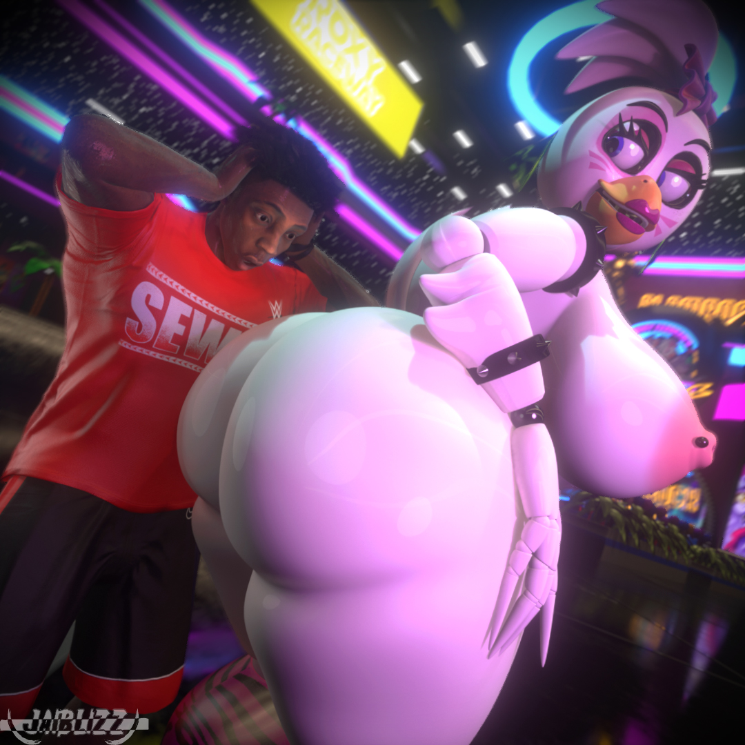 3d, 3d (artwork), amazed, animatronic, animatronic female, ass, ass awe, big ass, big breasts, blender, blender (software), breasts, clothed male, clothed male nude female, dark-skinned male, female, five nights at freddy's, five nights at freddy's: security breach, fnaf, furry female, glamrock chica (fnaf), grabbing own ass, grabbing own hair, huge ass, indoors, ishowspeed, jaiblizz, looking at ass, looking back, male, male/female, meme, w speed, youtube, youtuber