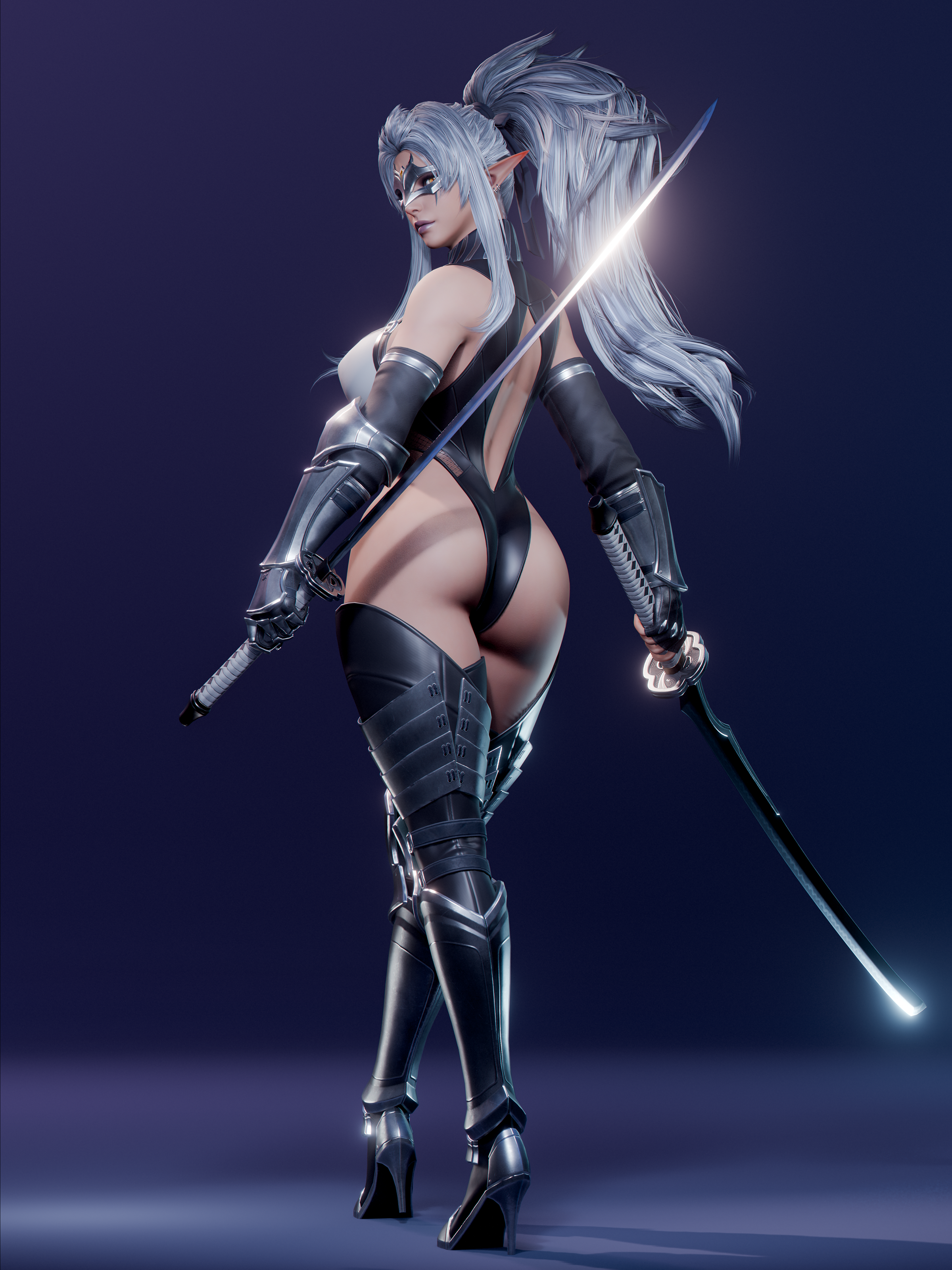 2025, 3d, dark elf, dark elf blader, elf, elf ears, female, high heels, highres, pointed ears, ryanreos, sword, white hair
