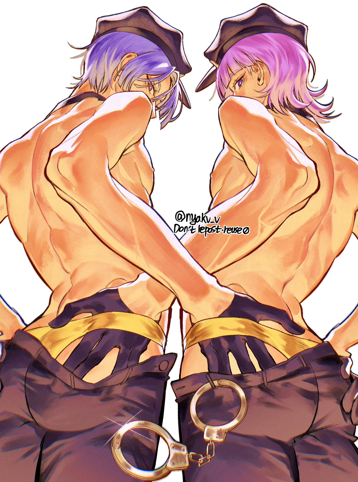 2boys, blue eyes, blue hair, gay, gold underwear, hand on ass, looking at viewer, looking back, male, male focus, male only, muscular, muscular femboy, panty & stocking with garterbelt, pink hair, polyester (psg), polyurethane (psg), red eyes, stripper, stripping, studio trigger