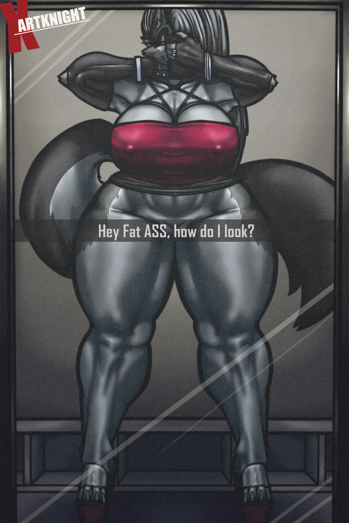 1girls, 4 toes, 5 fingers, anthro, anthro female, artist name, big breasts, big nipples, big thighs, boots, bottomwear, breasts, camel toe, cameltoe, canid, canid demon, canine, canis, choker, claws, clothed, clothing, demon, dress, english, english text, female, female anthro, finger claws, fingerless gloves, fingers, fur, furry, furry female, gloves, grey body, grey fur, hair, heels, hellhound, helluva boss, high heel boots, high heels, huge breasts, huge thighs, humanoid, jewelry, legwear, long tail, loona (helluva boss), makeup, mirror, mirror selfie, mythological canine, mythological creature, mythology, nipples visible through clothing, no panties, pantyhose, platform heels, pose, ring, selfie, sexy pose, smartphone, smile, solo, solo anthro, solo female, tail, text, thick thighs, thighhighs, thighs, toe claws, toes, transparent clothing, two-tone body, two-tone fur, underwear, white body, white fur, white hair, wolf, xartknight