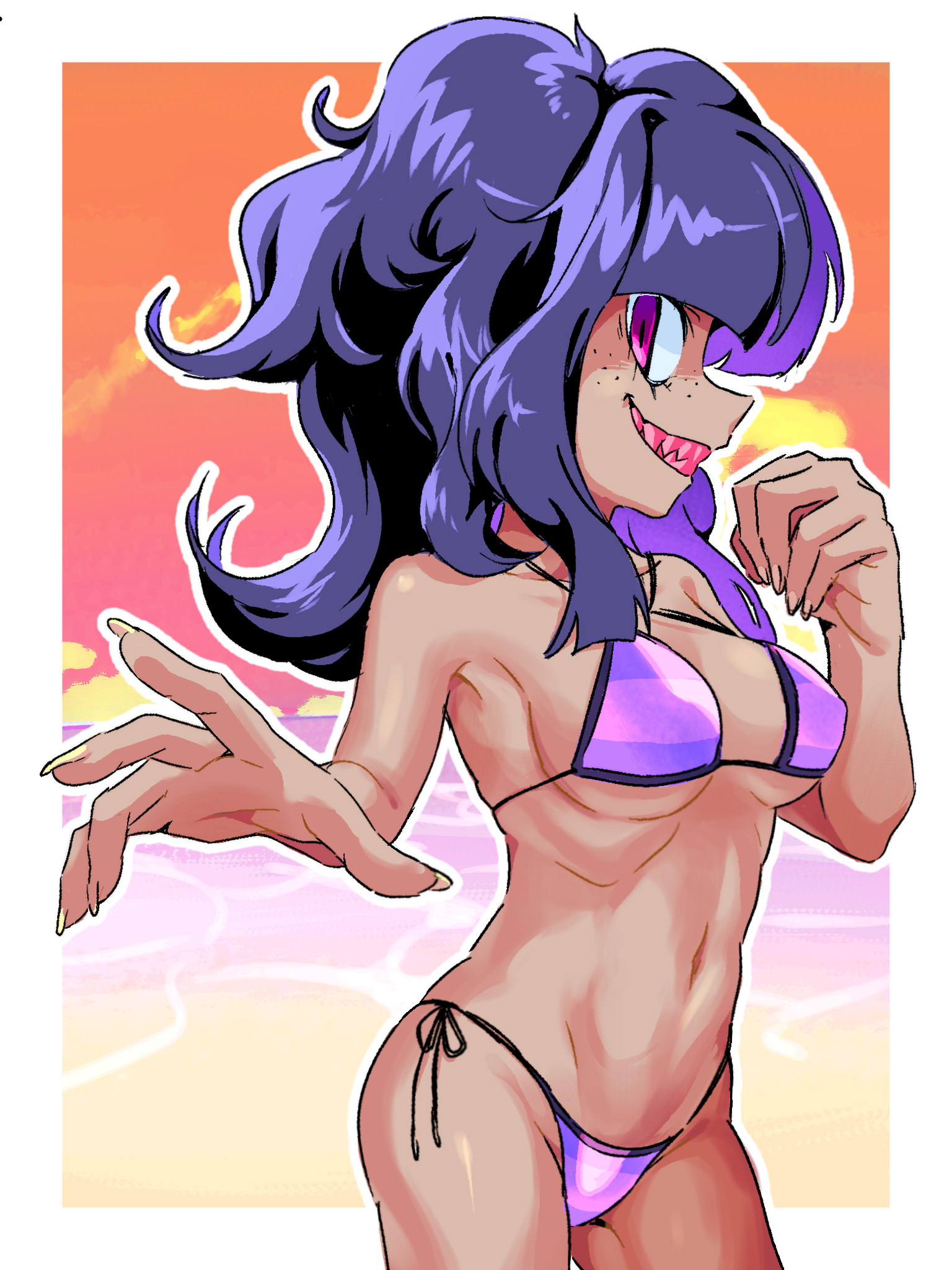 1girls, battenqwerty, beach, bikini, black hair, female, freckles, grin, looking at viewer, medium hair, nails, navel, needlemouse (series), provocative, red eyes, red teeth, sarah henderson (needlemouse), self upload, sharp teeth, smile, smiling, sonic.exe (series), sunset, water