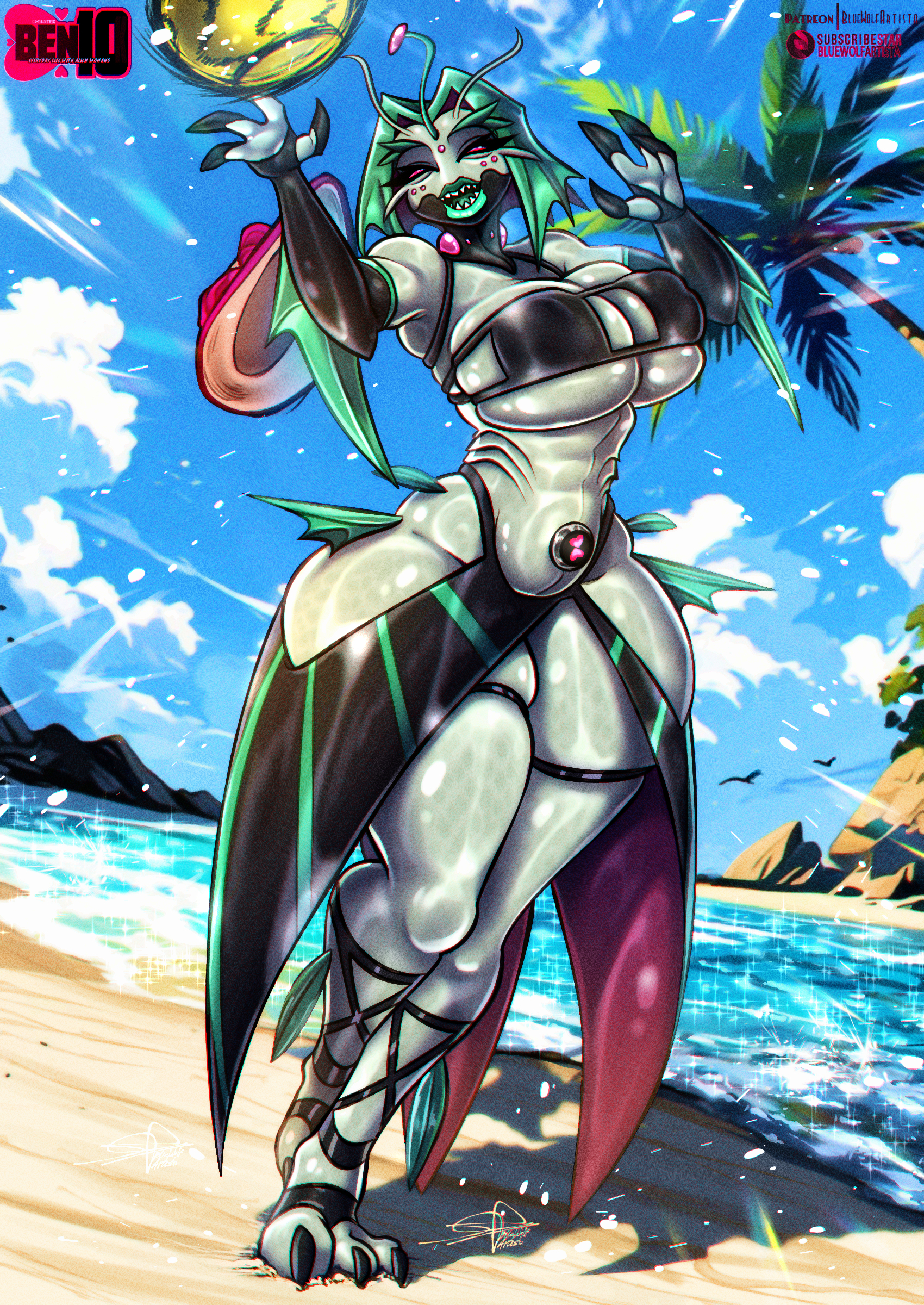 alien, alien female, alien girl, aquatic, beach, ben 10, big breasts, bikini, bikini top, bluewolfartista, breasts, cartoon network, chaquetrix, female, female only, fire, green hair, green lipstick, huge breasts, mature female, merfolk, mermaid, milf, milftrix, monster girl, no human, pale skin, pink eyes, piscciss volann, ripjaws, sexy, thick thighs, thighhighs, thighs, wide hips