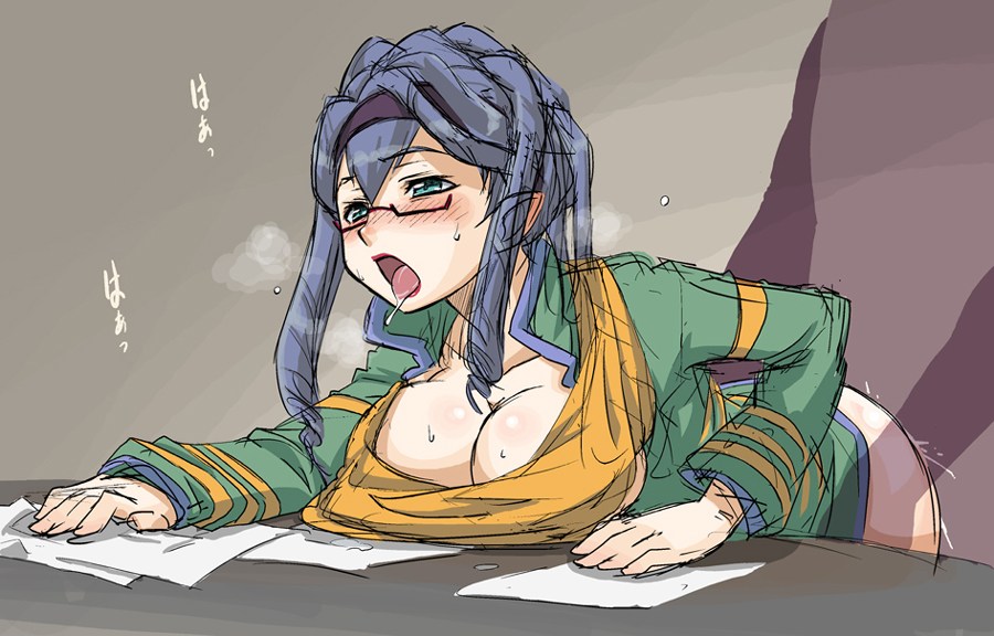 anacondy blue_hair breasts cleavage clothed_sex clothing face female glasses haganemaru_kennosuke large_breasts pointy_ears precure pretty_cure sex sketch yes!_precure_5