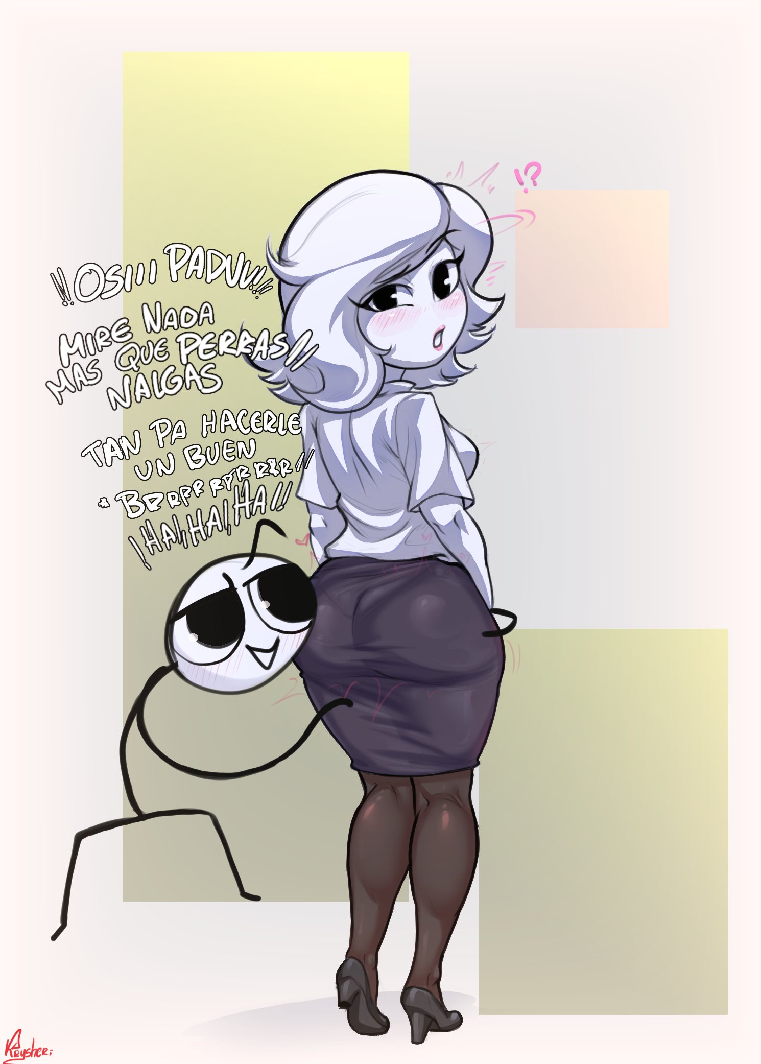 !?, 2girls, clothing, fat ass, female, krysher, repost, spanish text, stickman, text, white body, white hair, xiaro, youtube, youtuber girl