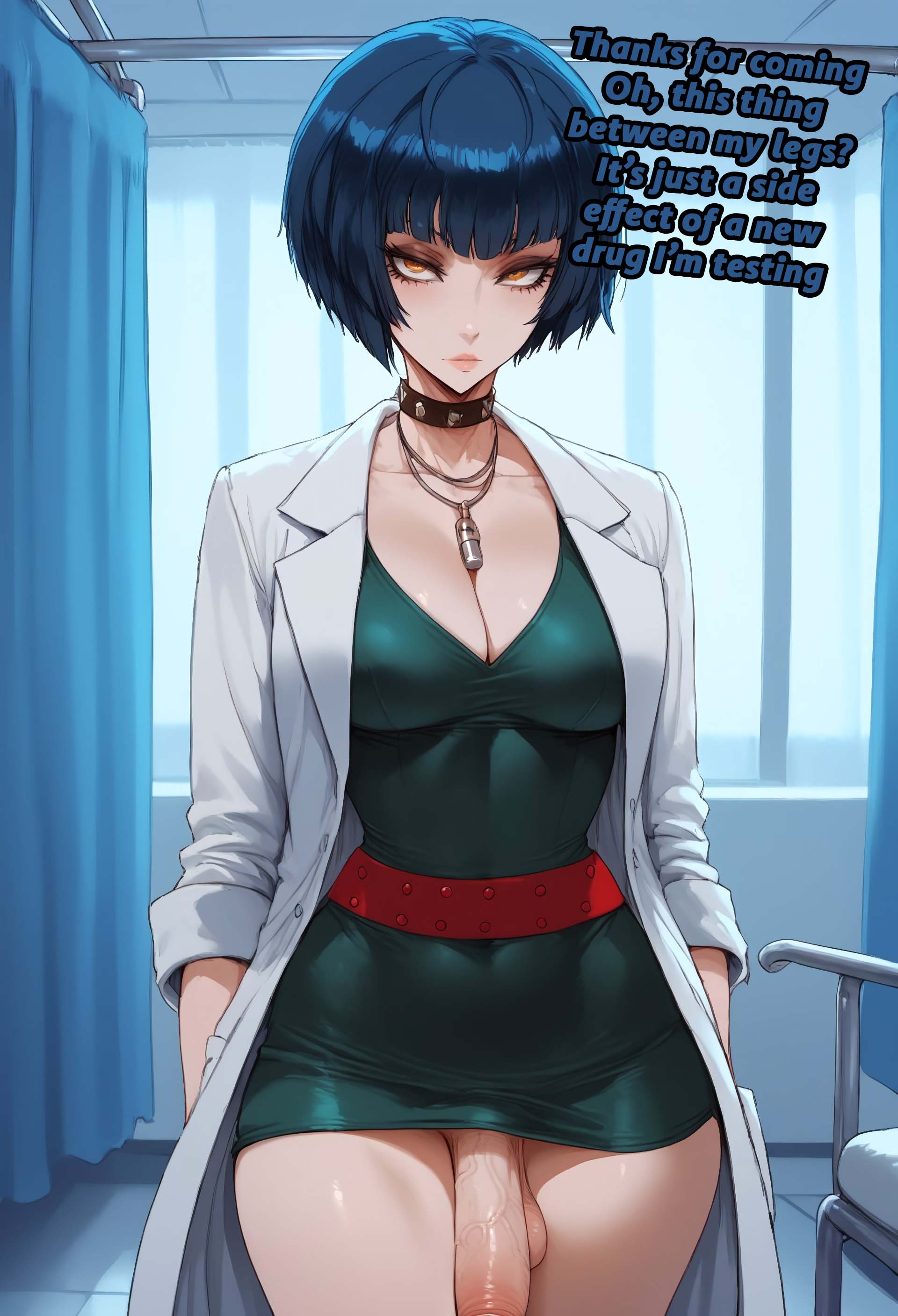 1futa, ai generated, ass, balls, big ass, big breasts, big butt, big hips, big penis, blue hair, bob cut, breasts, brown eyes, cleavage, dick, dickgirl, doctor, eyebrows, eyelashes, female, futa only, futanari, goth, goth girl, grin, grinning, grinning at viewer, hair, hands-free, huge cock, indoors, intersex, lips, long hair, looking at viewer, makeup, mature, mature female, mature futa, narrow waist, narrowed eyes, nose, penis, persona, persona 5, seducing, seductive, seductive eyes, seductive gaze, seductive look, seductive mouth, seductive pose, seductive smile, smile, smile at viewer, smiley face, smooth balls, smooth penis, smooth skin, solo, solo dickgirl, solo focus, solo futa, tae takemi, testicles, velarin