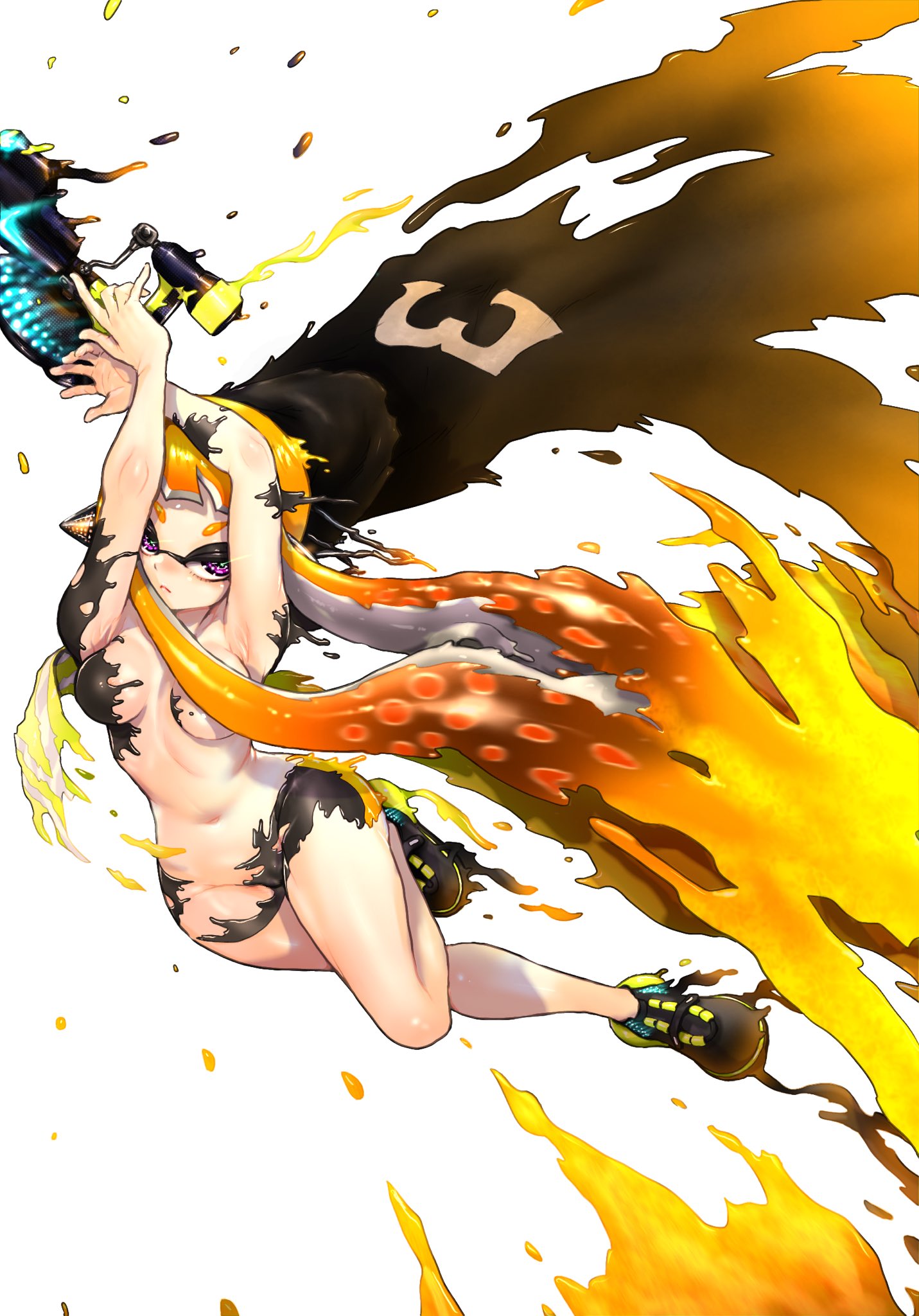 agent 3 (splatoon), belly button, breasts, censored, cephalopod humanoid, clothing ripping, convenient censoring, female, inkling, inkling girl, kaori (splatoon), koharuno2, light-skinned female, naked, nintendo, nude female, orange hair, purple eyes, splatoon, splatoon (series), splatoon 3, splatoon: octo valley, twitter link