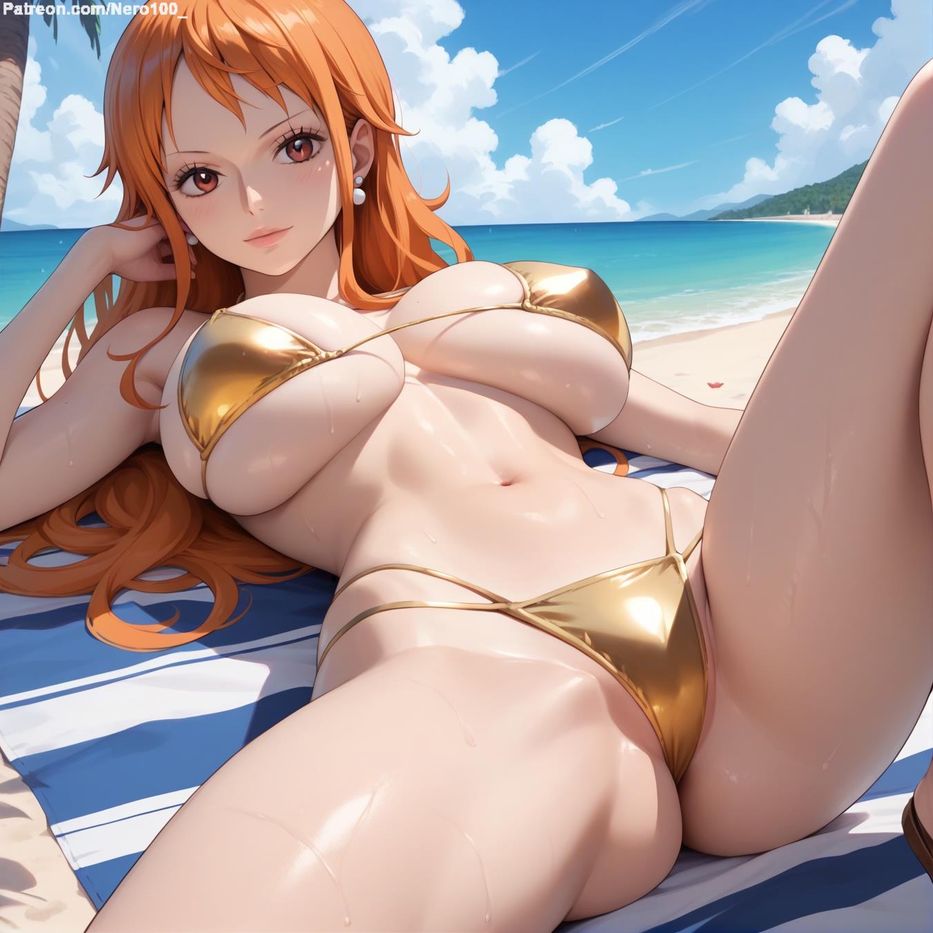 1girls, 2d, ai generated, ass, athletic, athletic female, bare shoulders, belly, big ass, big breasts, bikini, bikini bottom, bikini top, breasts, curvy, curvy figure, cute, cute face, detailed, eyelashes, eyeshadow, female, female only, fit, fit female, focus, ginger, ginger hair, high quality, huge breasts, large breasts, legs, light skin, light-skinned female, lips, lipstick, long hair, looking at viewer, makeup, mascara, mature, midriff, nami (one piece), nero100, one piece, orange eyes, orange hair, outdoors, outside, pale skin, pale-skinned female, posing, post-timeskip, sagging breasts, seductive, seductive look, stable diffusion, swimsuit, swimwear, tagme, thick ass, thick butt, thick thighs, thighs, wide hips