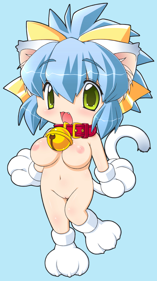 animal_ears bell blue_background blue_hair breasts cat_ears chibi collar color female female_only futaba_morishita gloves green_eyes large_breasts nude open_mouth original short_hair solo standing tail