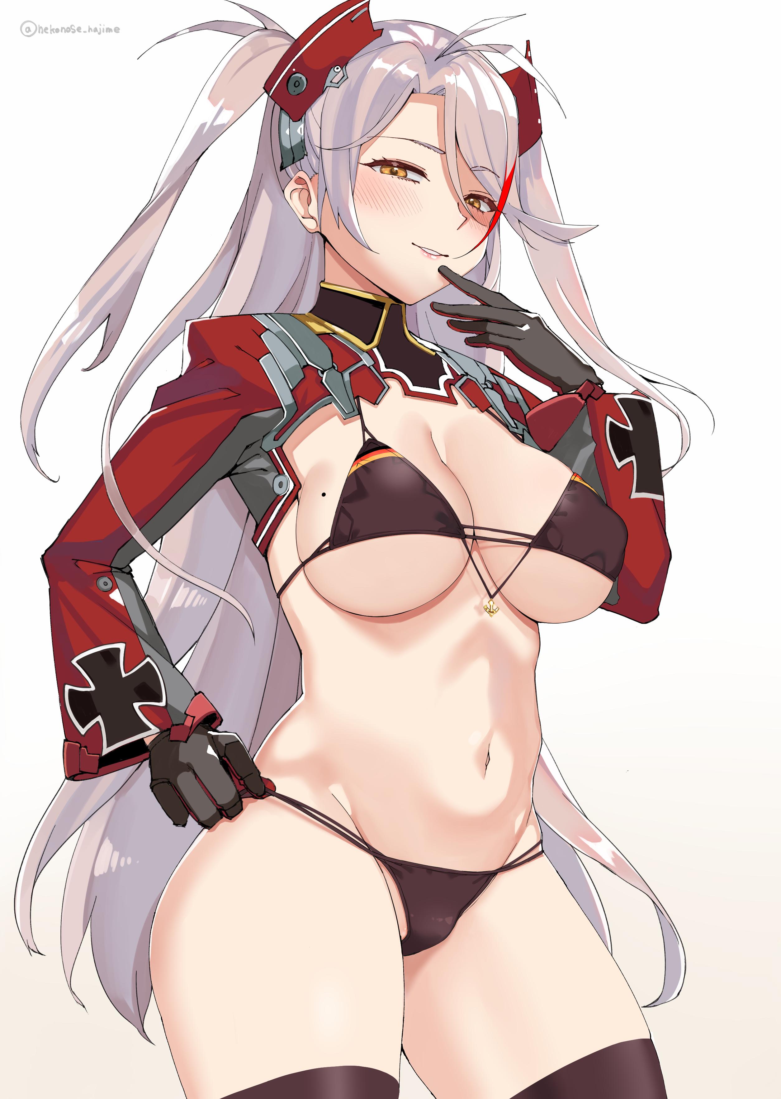 antenna hair, azur lane, bikini, black bikini, black gloves, black thighhighs, blush, breasts, brown eyes, cg, cleavage, cowboy shot, cross, female, finger to mouth, german flag bikini, gloves, gradient background, grey hair, groin, hair between eyes, hand on own hip, headgear, iron cross, large breasts, long hair, long sleeves, looking at viewer, mole, mole on breast, multicolored hair, navel, official alternate costume, orange eyes, parted lips, prinz eugen (azur lane), prinz eugen (unfading smile) (azur lane), red hair, shrug (clothing), sideboob, simple background, smile, solo, standing, stomach, streaked hair, swimsuit, thighhighs, twitter username, two side up, underboob, very long hair, white background, white hair