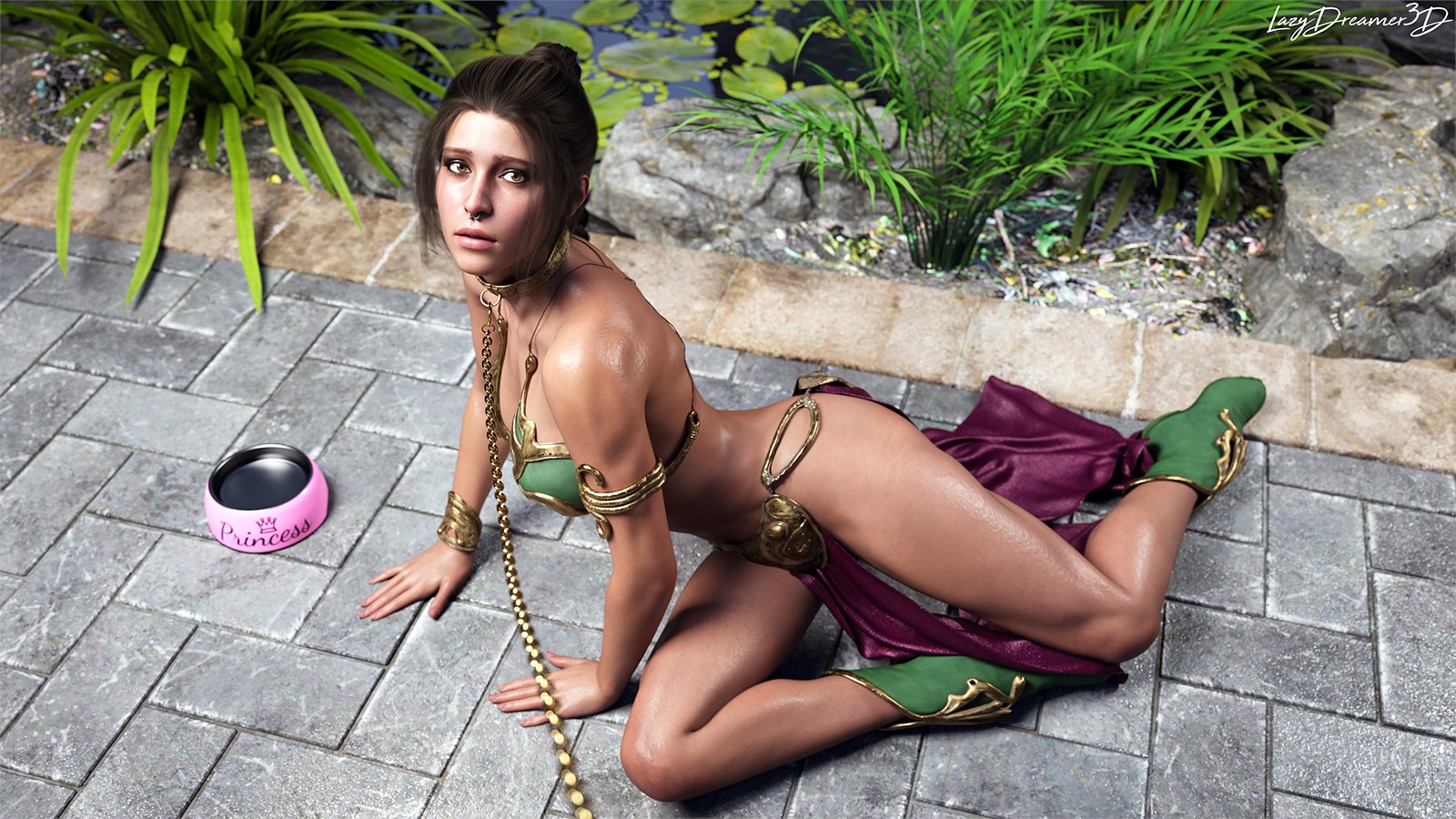 3d, bikini, busty, chain leash, crossover, female, female focus, female only, harem, hourglass figure, lara croft, lazydreamer3d, leash, leash and collar, leash pull, loincloth, septum piercing, slave, slave bikini, slave collar, slave girl, slave leia (cosplay), slave outfit, star wars, tagme, tomb raider, wide hips