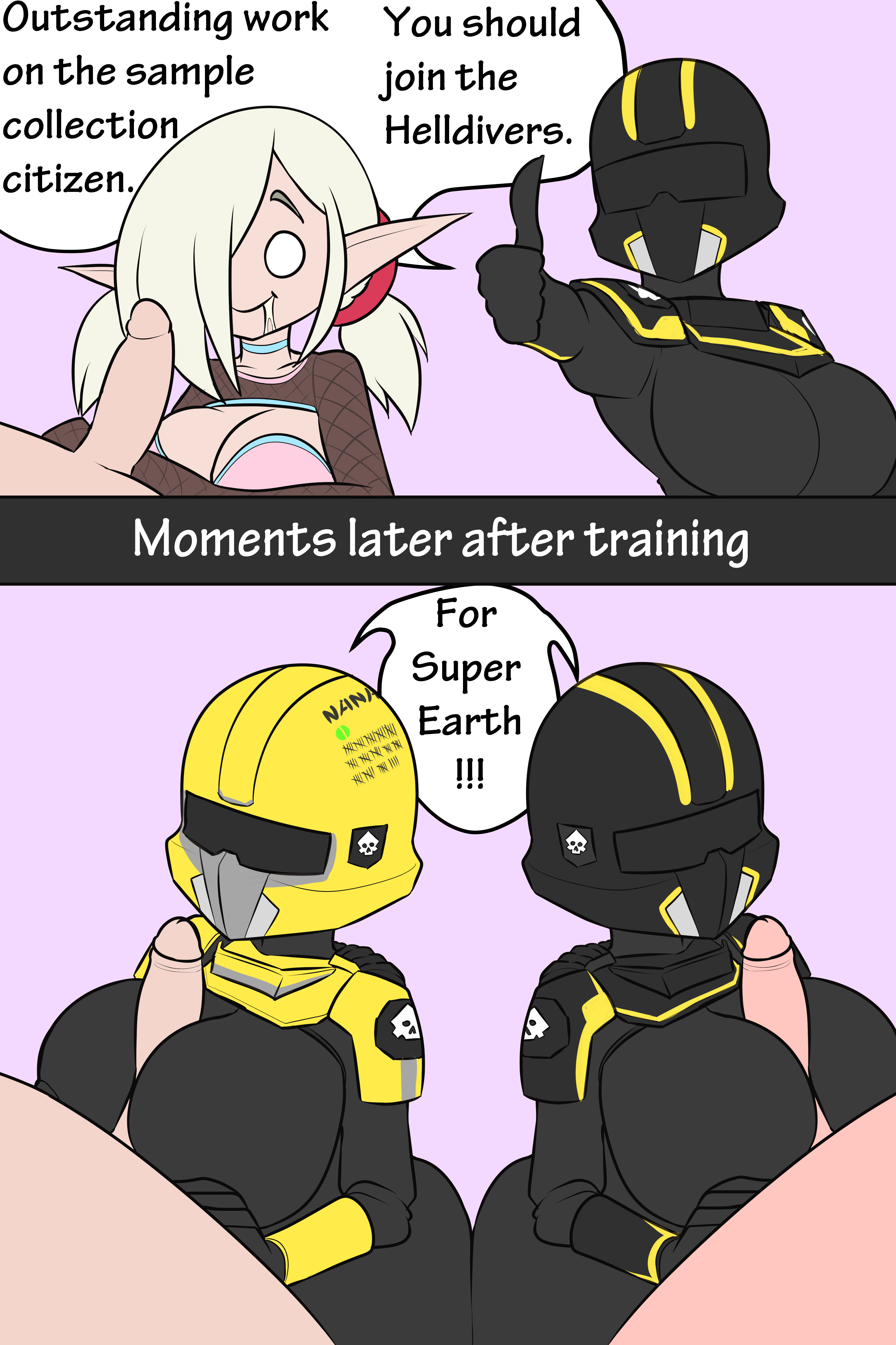 bimbo, blowjob, bodysuit, female, fishnets, helldiver (helldivers), helldivers, latex, nana gel, rubber