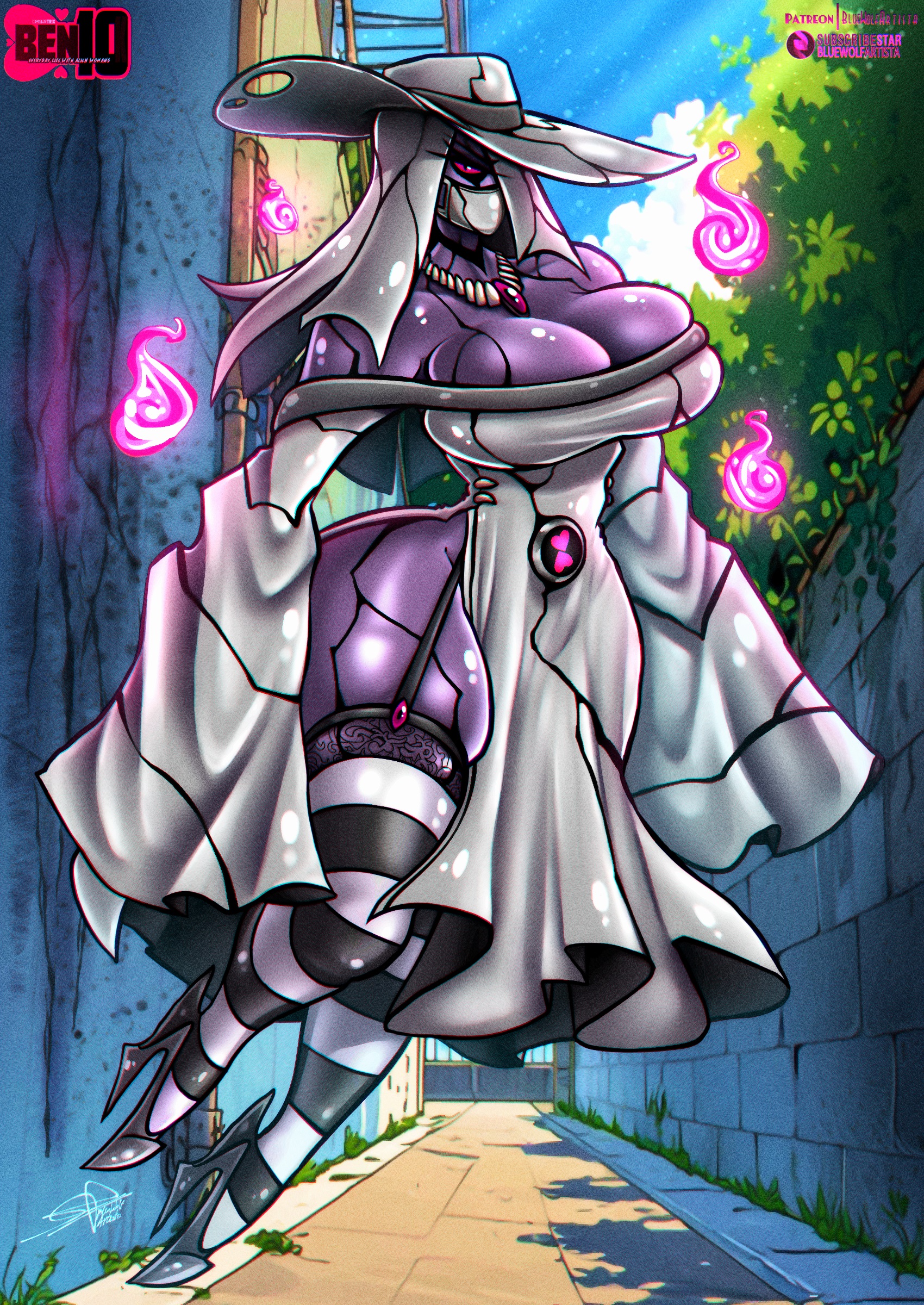 alien, alien female, alien girl, ben 10, big breasts, bluewolfartista, breasts, cartoon network, chaquetrix, ectonurite, female, female only, fire, ghost, ghost girl, ghostfreak, huge breasts, mature female, milf, milftrix, no human, one eye visible, pink eyes, purple skin, sexy, stockings, thick thighs, thighhighs, thighs, white hair, wide hips