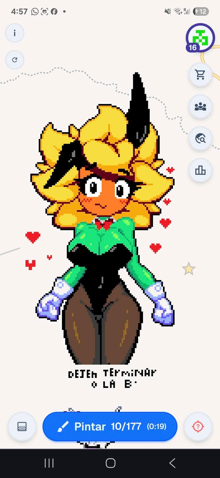 blush, breasts, bunny ears, bunnysuit, female, gloves, green body, green skin, humanized, large breasts, looking at viewer, petals, pixel art, plant, plant girl, plants vs zombies, shy, solar flare (pvz), spanish text, thighhighs, white gloves, wplace