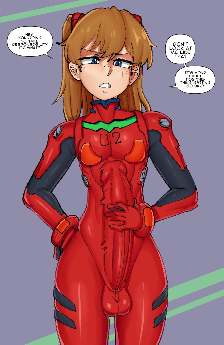 1boy, asuka langley sohryu, balls, big bulge, big penis, bodysuit, bulge, detailed bulge, erection, erection under clothes, femboy, genderswap (ftm), huge bulge, huge cock, hung trap, looking at viewer, male, male asuka, male only, mrbooshmaster, neon genesis evangelion, otoko no ko, penis, plugsuit, requesting, rule 63, solo, take responsibility, talking to viewer, testicles, tight clothing, trap