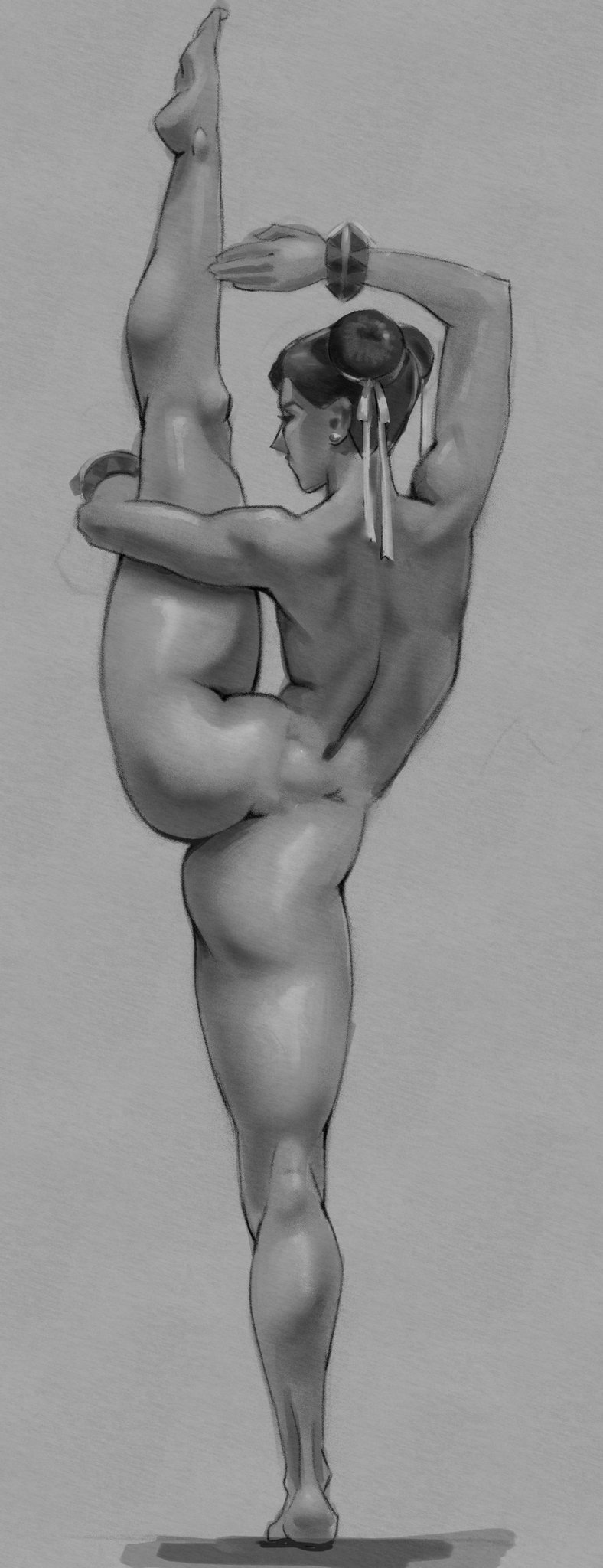 artistic nude, ass, back, back muscles, back view, black and white, chun-li, completely nude, completely nude female, feet, female, female only, greyscale, legs, legs up, long legs, m.argos, monochrome, muscular, muscular female, muscular thighs, nonsexual, nonsexual nudity, nude, nude female, nudity, rear view, solo, solo female, street fighter, thick thighs, thighs, wristband, wristband only