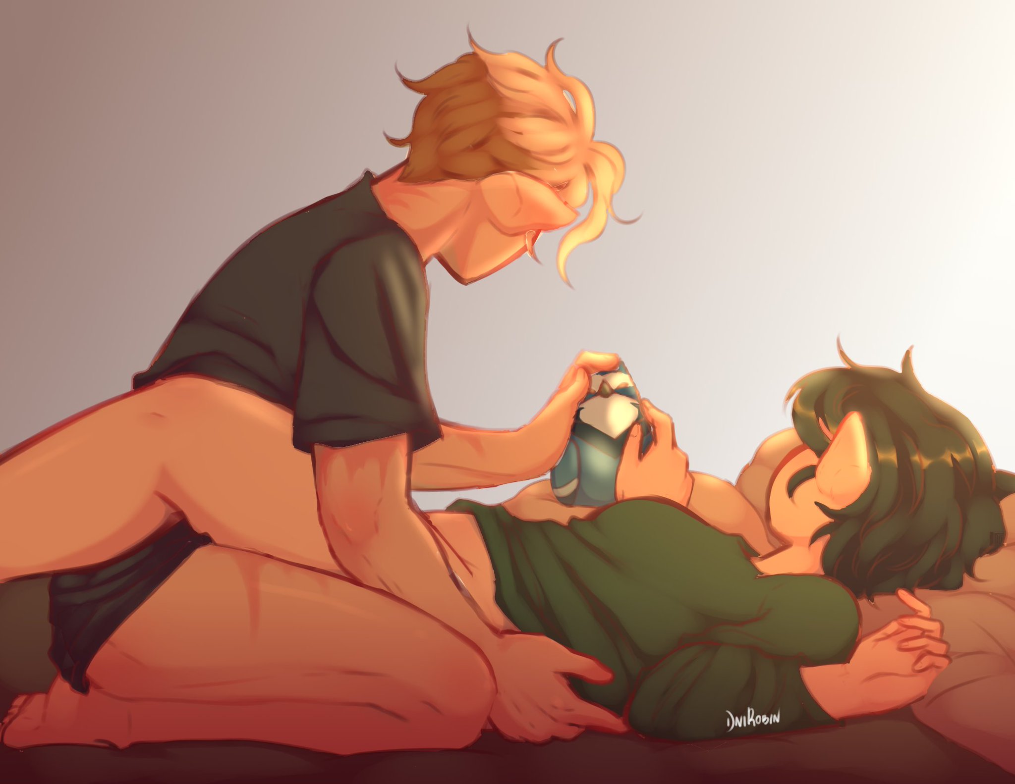 1boy, 1boy1girl, 1girls, bed, bedroom, bird, canon couple, dnirobin, female, golden eyes, golden hair, green eyes, green hair, green-haired female, hunter (the owl house), love, male, missionary position, parent, partners, pet, pillow, semi nude, sex, soft, the owl house, trend, waffle, wholesome, wholesome sex, willow park