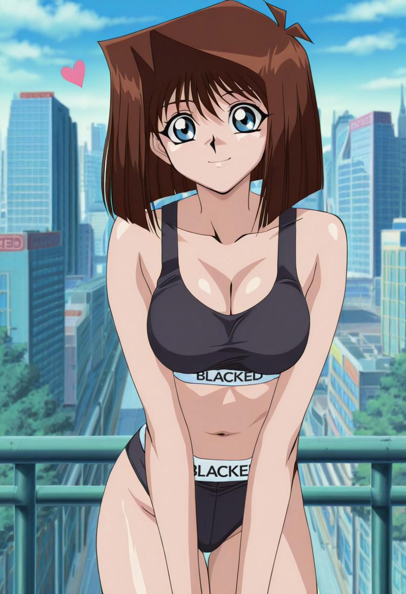 1girls, ai generated, anzu mazaki, blacked, blacked clothing, blue eyes, breasts, brown hair, cleavage, clothed, female, heart, large breasts, looking at viewer, mazaki anzu, medium hair, outdoors, panties, smile, solo, sports bra, tea gardner, yu-gi-oh!, yu-gi-oh! duel monsters