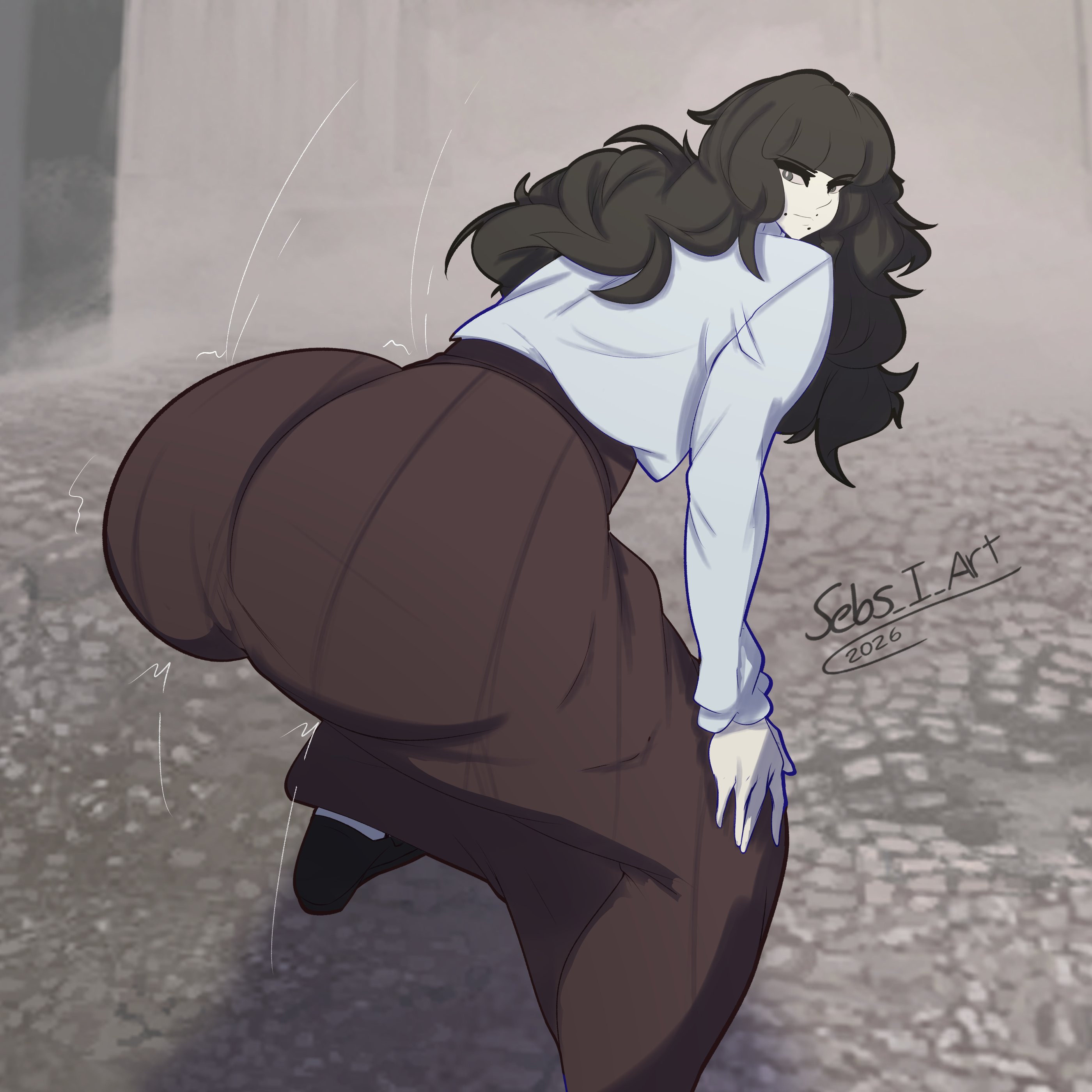 1girls, 2026, artist name, artist signature, ass, ass focus, ass in dress, bangs, big ass, black hair, bottom heavy, bouncing ass, bubble butt, clothed, clothed female, clothing, dress, fat ass, fear and hunger, fear and hunger: termina, female, female ass focus, female only, hime cut, huge ass, large ass, looking at viewer, looking back, marina (fear and hunger), massive ass, motion lines, sebs i art, solo, thick ass, thick thighs, thunder thighs, twerking, wide hips