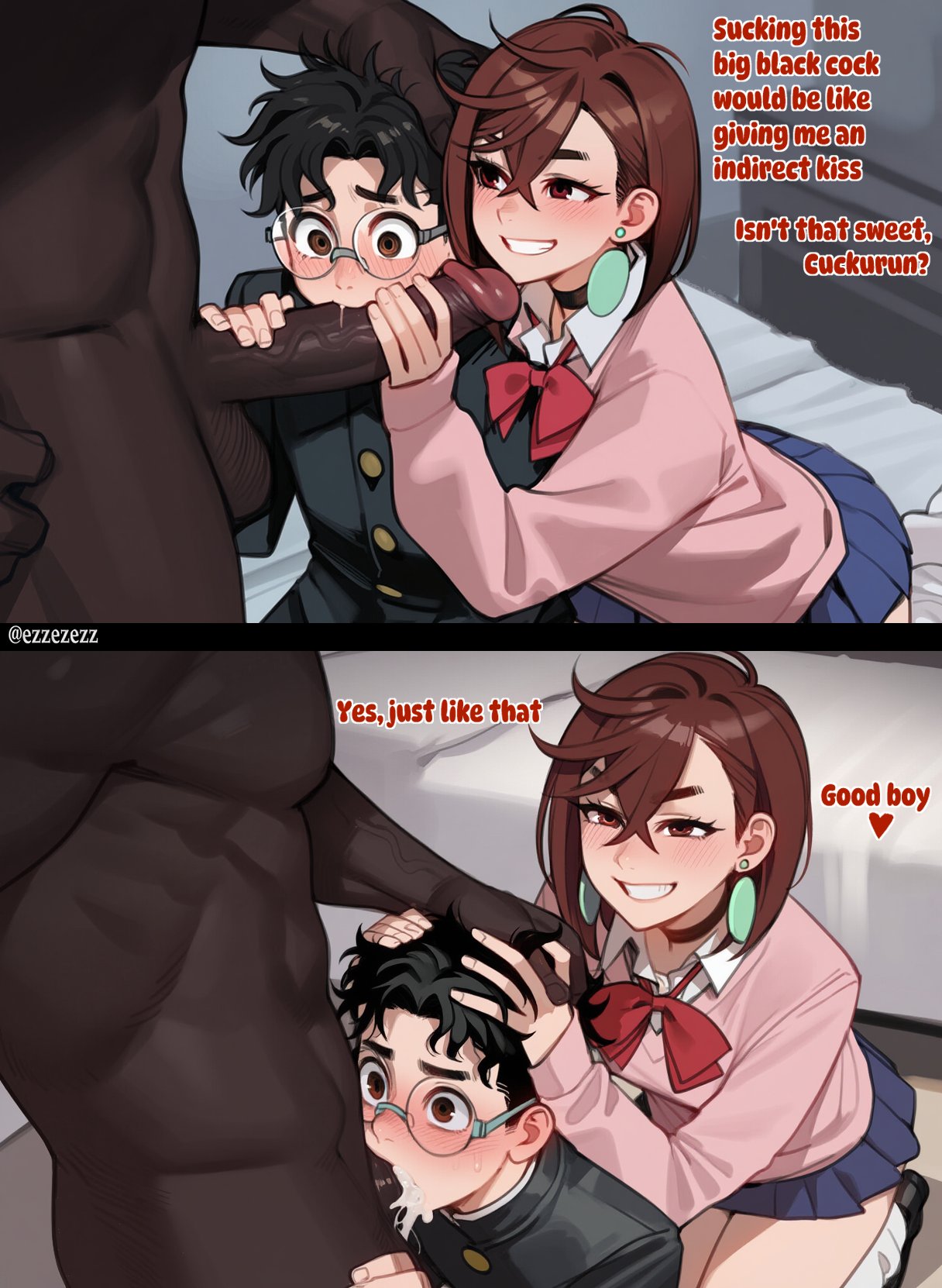 1girls, 2boys, ai generated, assisted fellatio, assisted sex, ayase momo, bisexual, black hair, blowjob, brown eyes, brown hair, comic, cuckold, cuckolding, cum in mouth, dandadan, dark penis, dark skin, dark-skinned male, ezzezezz, fat cock, female, female supporting yaoi, gay, gay sex, glasses, imminent fellatio, imminent oral, interracial, light skin, light-skinned female, light-skinned male, looking at penis, looking at viewer, male, netorare, netorase, ntr, penis, penis on face, pent up, school uniform, sex, sissy, takakura ken (okarun), text, throbbing penis, yaoi