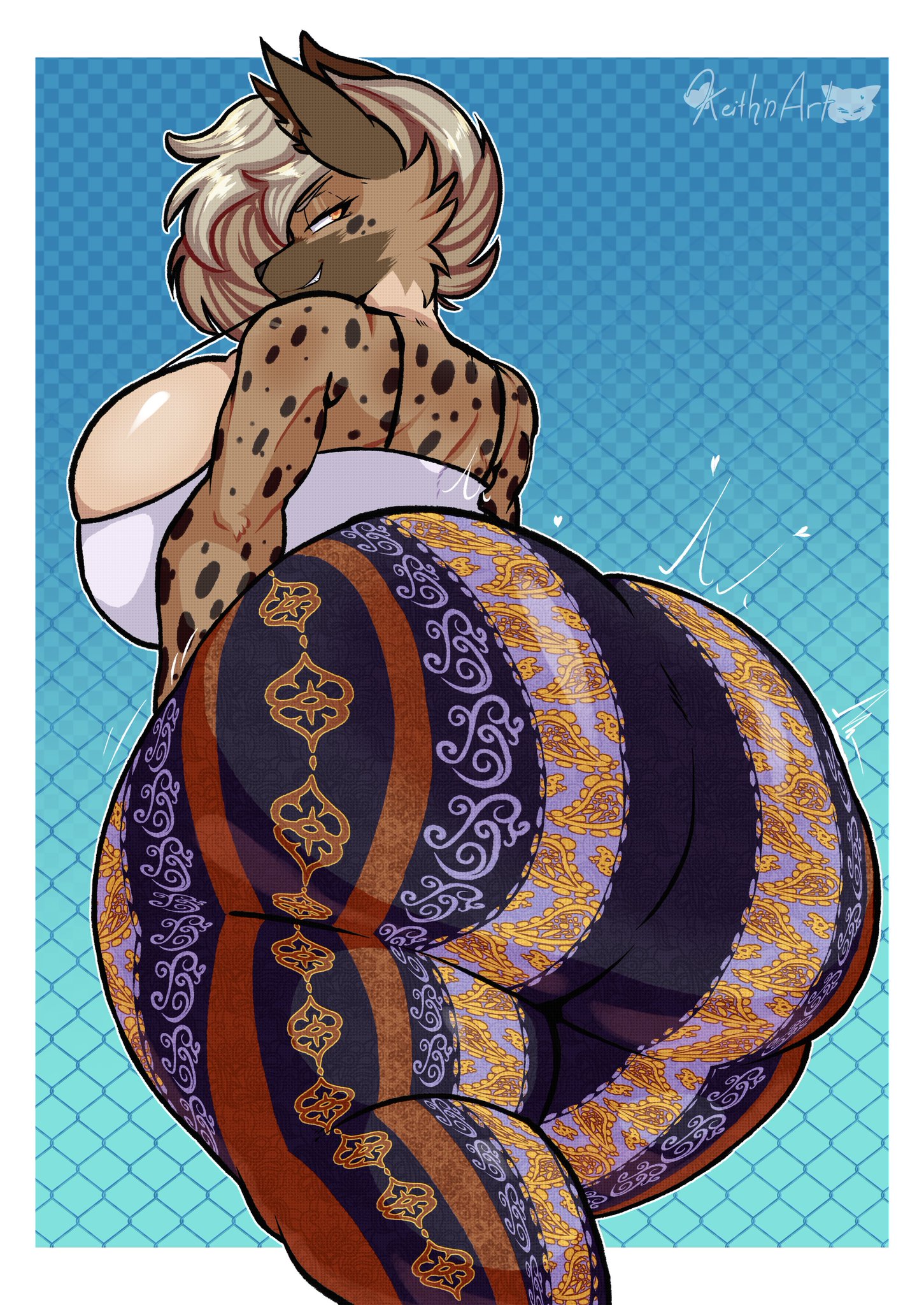 animal ears, ass, back view, big ass, big breasts, big butt, big thighs, big titties, breasts, clothing, curvaceous, curvaceous female, curvaceous figure, curvy, curvy figure, curvy hips, female, female focus, female only, flare pants, forbidden pants, gabartz, huge ass, original, original character, short hair