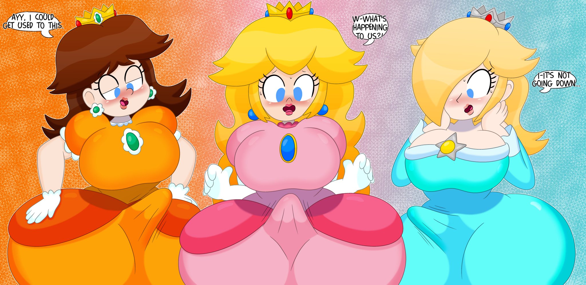 3barts, 3futas, 3girls, ass, big ass, big breasts, big butt, blonde hair, blonde-haired female, breasts, brown hair, brown-haired female, crown, dress, erection, erection under clothes, erection under dress, female, futanari, gloves, hair over one eye, huge ass, huge boobs, huge breasts, huge butt, intersex, long hair, long-haired female, looking down, mario (series), multiple females, multiple girls, nintendo, penis, princess, princess daisy, princess peach, princess rosalina, princesses, reaction, short hair, short-haired female, super mario bros., tagme, trio, trio focus, yuri